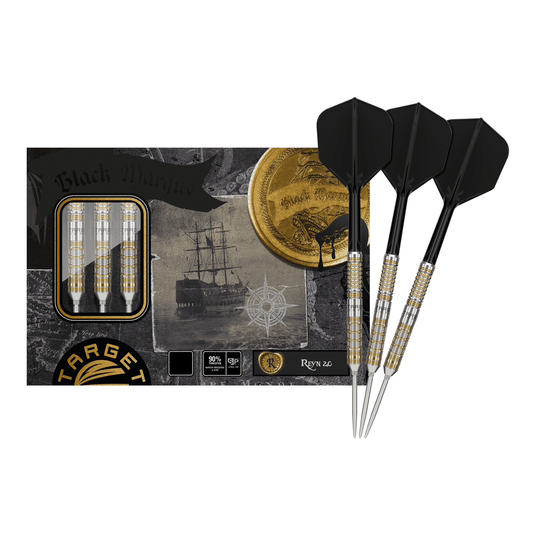 Das Bild zeigt die "Target Japan Black Marque Reyn GEN2 Steeldarts" mit ihrer Verpackung. Drei fertige Darts mit schwarzen Flights sind neben der stilvollen Box abgebildet.