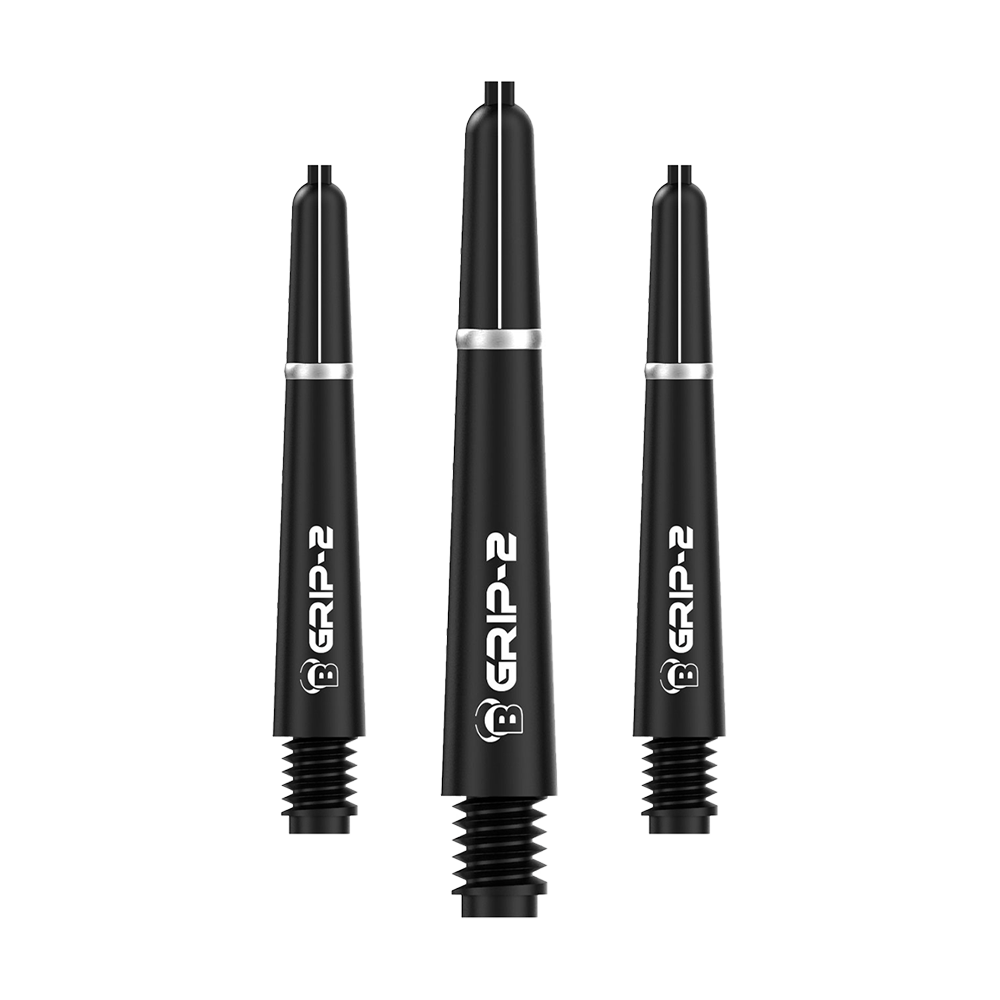 Das Bild zeigt drei schwarze Bulls B-Grip-2 SL Shafts für Dartpfeile. Die Shafts haben ein schlichtes Design mit weißer Aufschrift und silbernem Ring.