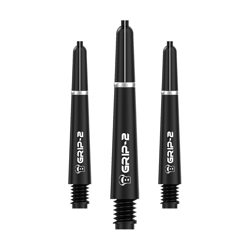 BS55071_Bulls_B-Grip-2_SL_Shafts_Schwarz_35mm_1 Das Bild zeigt drei schwarze Bulls B-Grip-2 SL Shafts für Dartpfeile. Die Shafts haben ein schlichtes Design mit weißer Aufschrift und silbernem Ring.