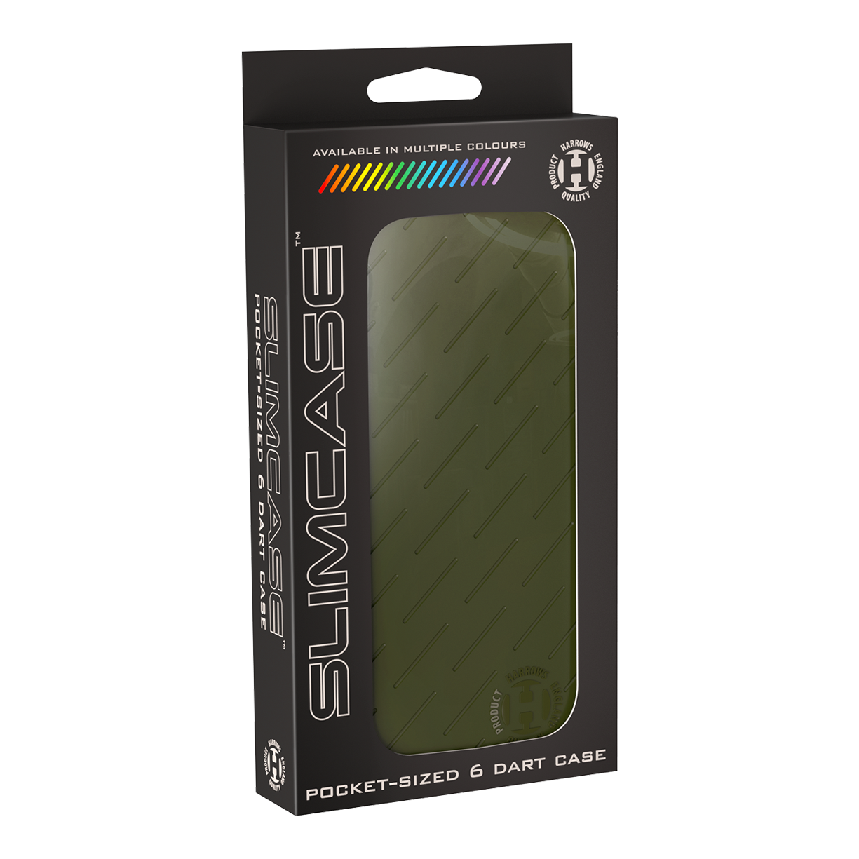 Harrows Slimcase Darttasche Die Abbildung zeigt eine grüne Slimcase Darttasche in ihrer Verpackung. Auf der Verpackung steht "Pocket-sized 6 Dart Case" und sie ist in mehreren Farben erhältlich.