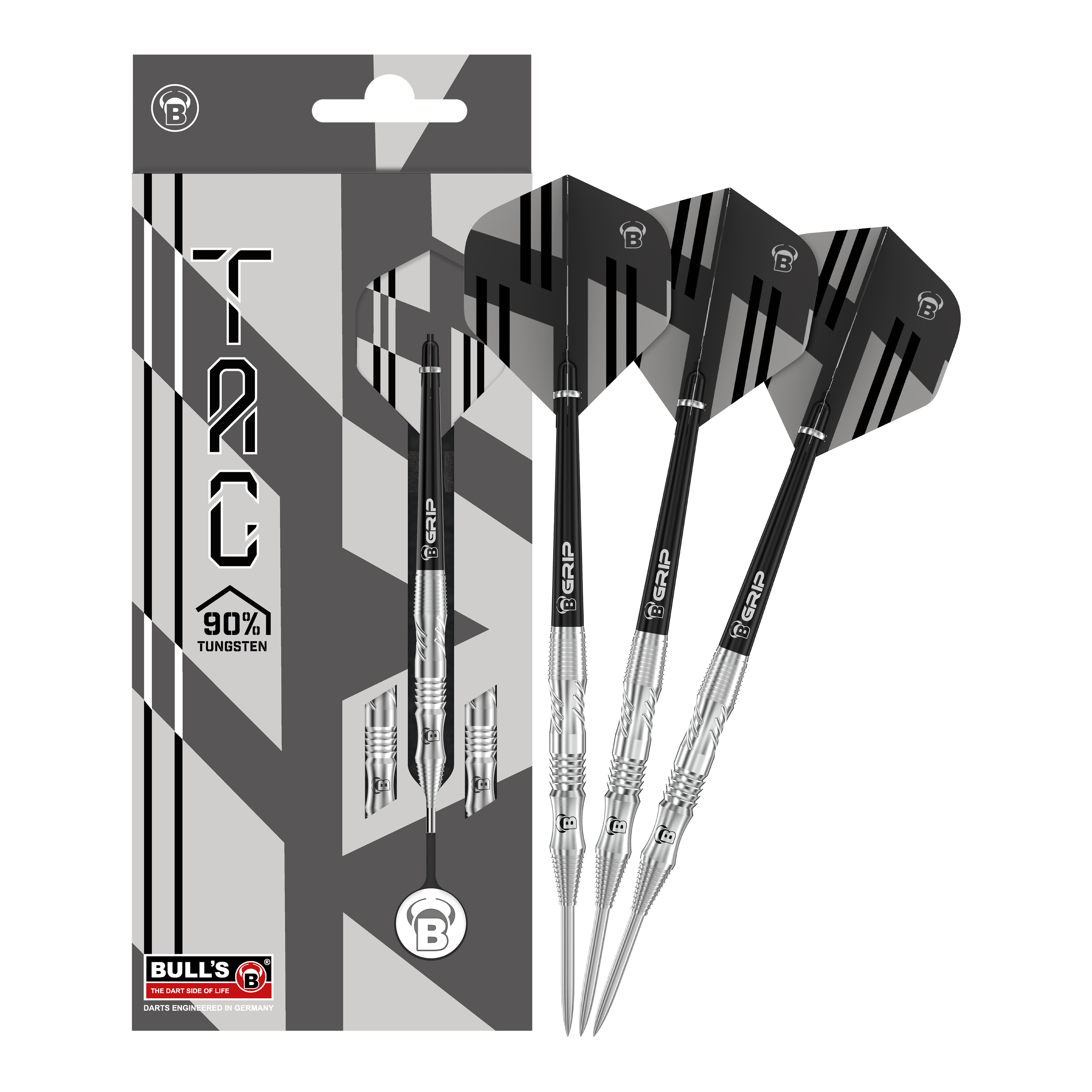 Das Bild zeigt die Bulls Tac T1 Steeldarts zusammen mit ihrer Verpackung. Die Darts bestehen zu 90% aus Tungsten und haben ein modernes, schwarz-silbernes Design.