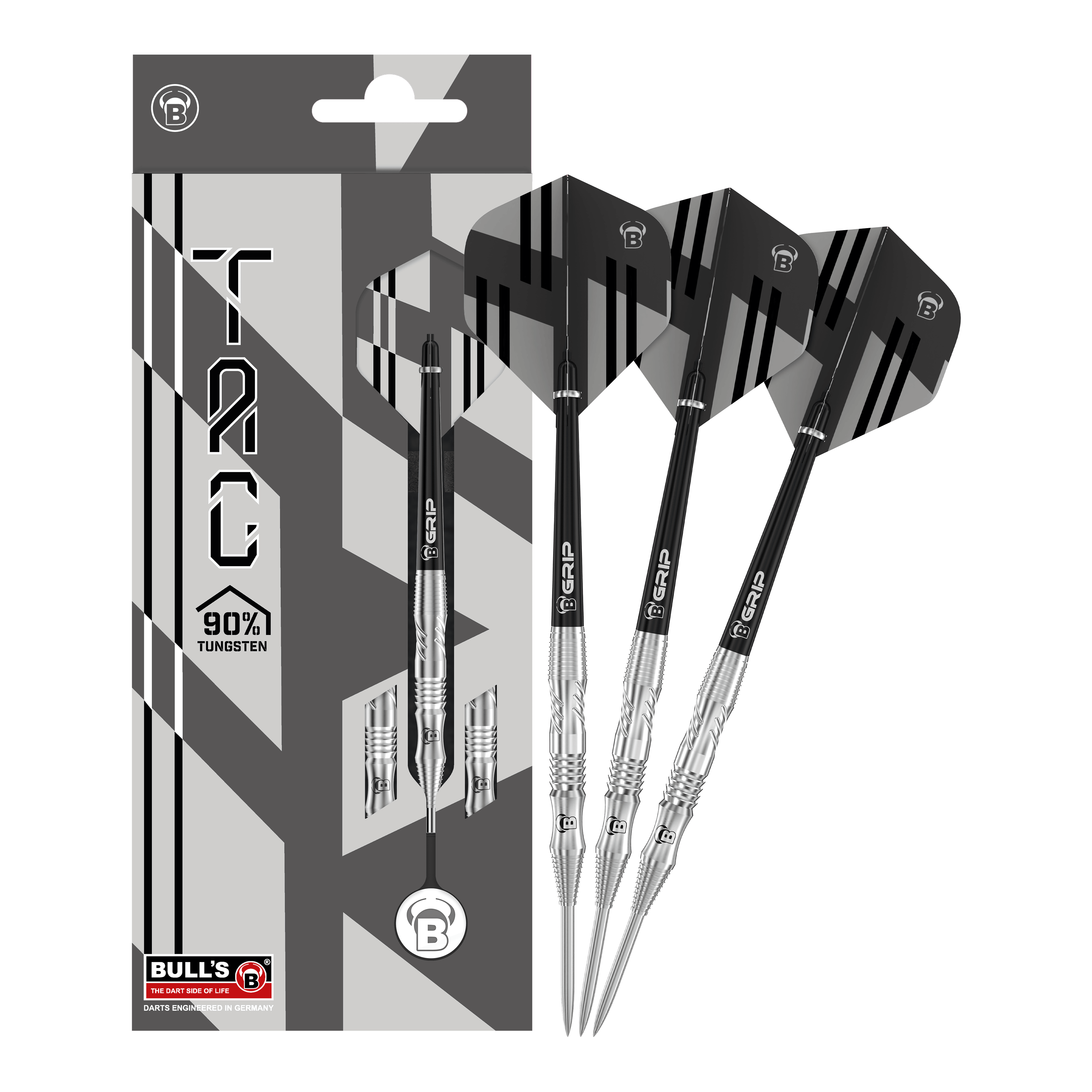 Bulls Tac T1 Steeldarts Das Bild zeigt die Bulls Tac T1 Steeldarts zusammen mit ihrer Verpackung. Die Darts bestehen zu 90% aus Tungsten und haben ein modernes, schwarz-silbernes Design.