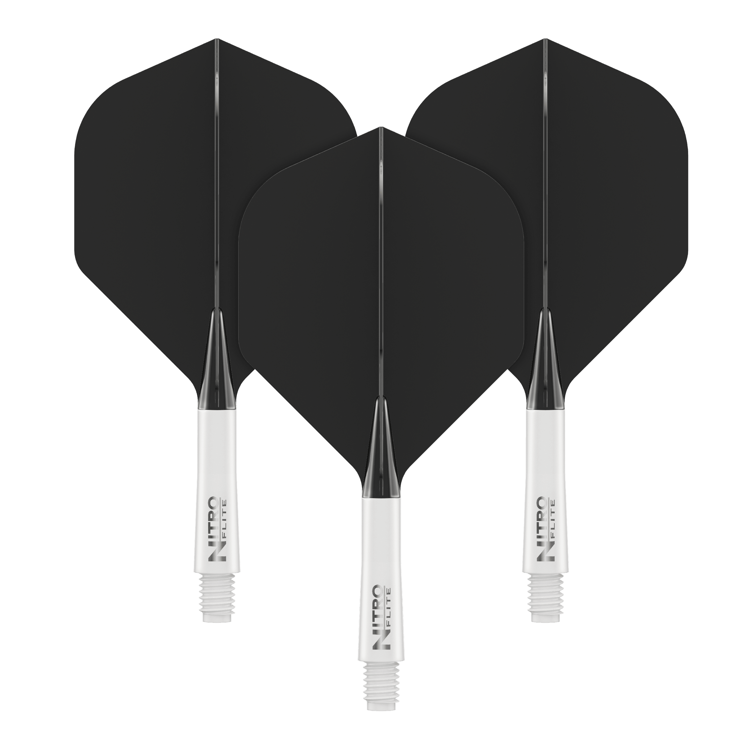 Red Dragon Nitroflite - White Shaft Black No2 Flights Auf dem Bild sind drei schwarze Dartflights mit weißen Schäften zu sehen. Auf den Schäften steht der Schriftzug „NITRO FLITE“.