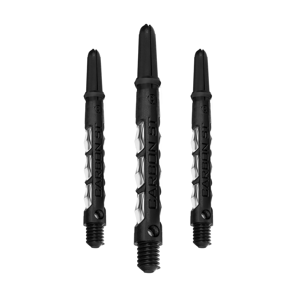 Das Bild zeigt drei klare Harrows Carbon ST Shafts. Sie sind schwarz mit silbernen Akzenten und für den Einsatz bei Darts gedacht.
