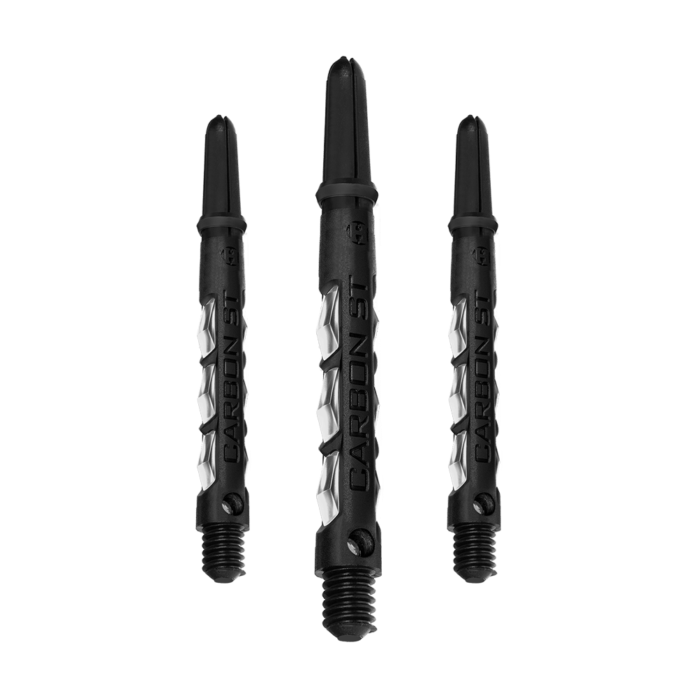 HR418_Harrows_Carbon_ST_Shafts_Clear_47mm_1t9nc2bnDx7NTk Das Bild zeigt drei klare Harrows Carbon ST Shafts. Sie sind schwarz mit silbernen Akzenten und für den Einsatz bei Darts gedacht.