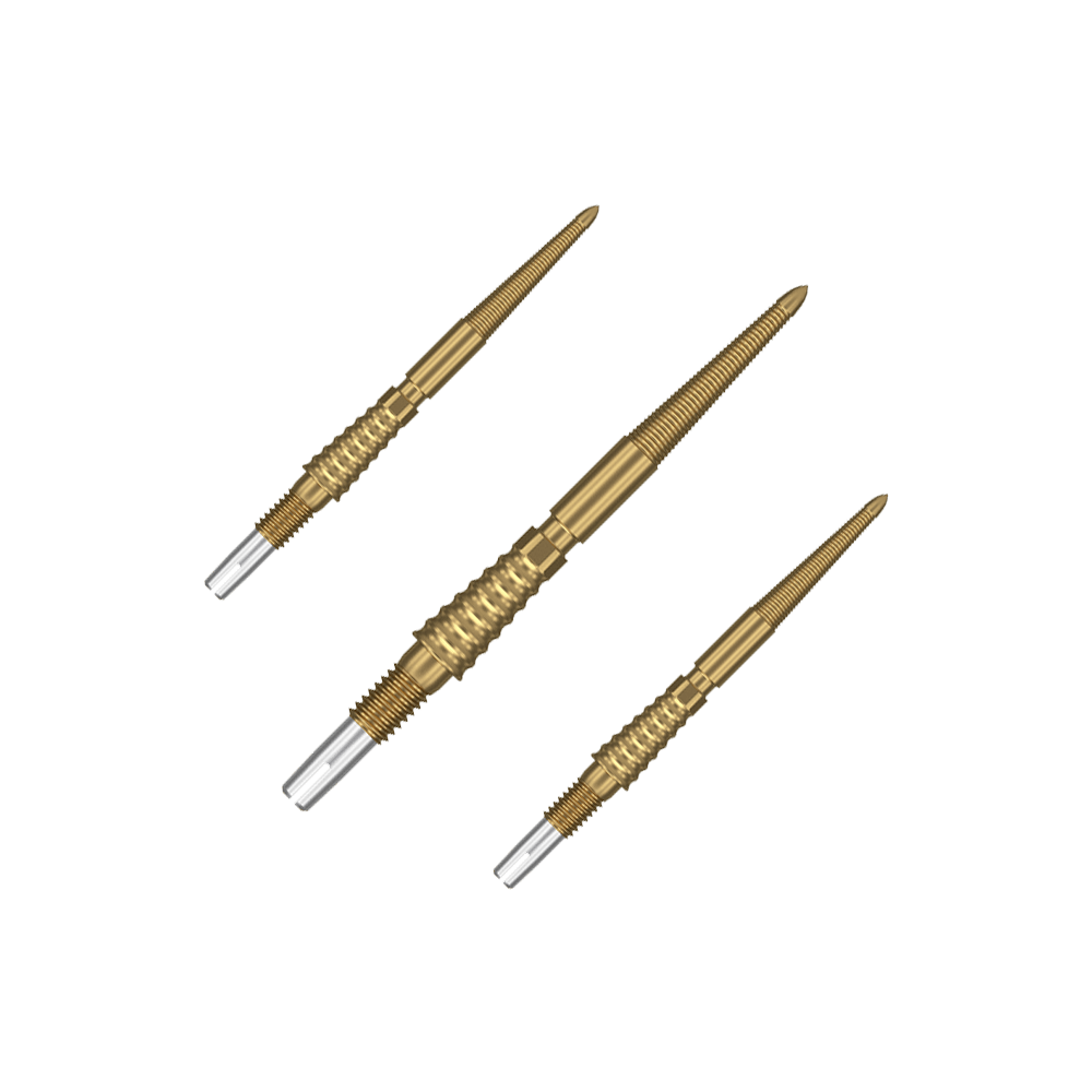 Target Swiss Storm LNC Dartspitzen - Gold Das Bild zeigt drei goldfarbene Dartspitzen, die nebeneinander angeordnet sind. Sie haben ein geriffeltes Design zur besseren Griffigkeit.