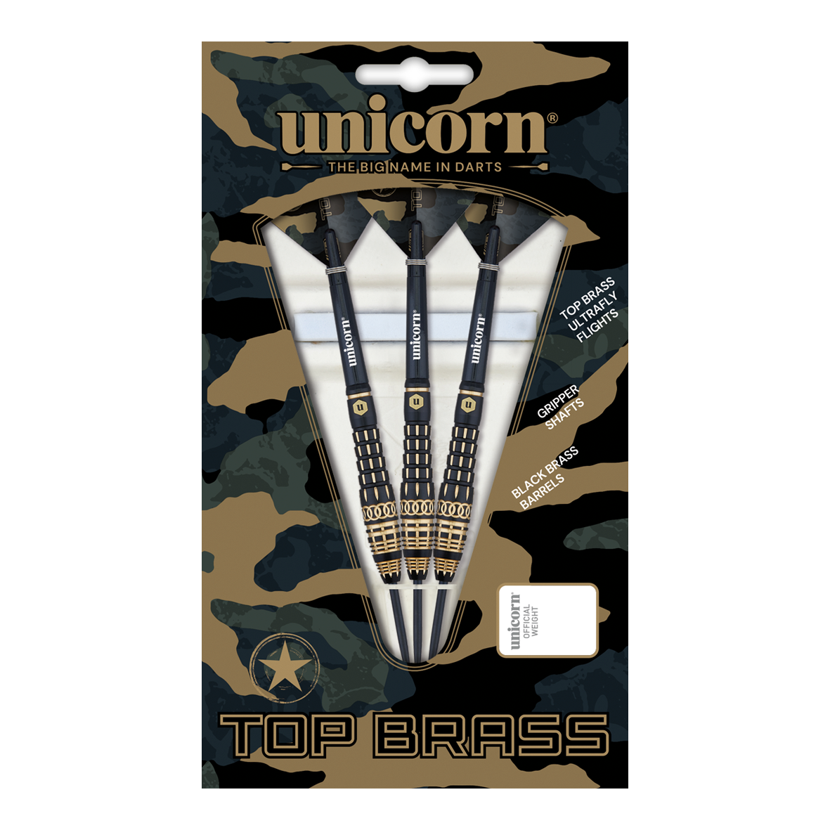 Das Bild zeigt die "Unicorn Top Brass V4 Steeldarts - 20g" in ihrer Verpackung. Die Darts haben schwarze und goldene Akzente und sind für präzises Werfen konzipiert.
