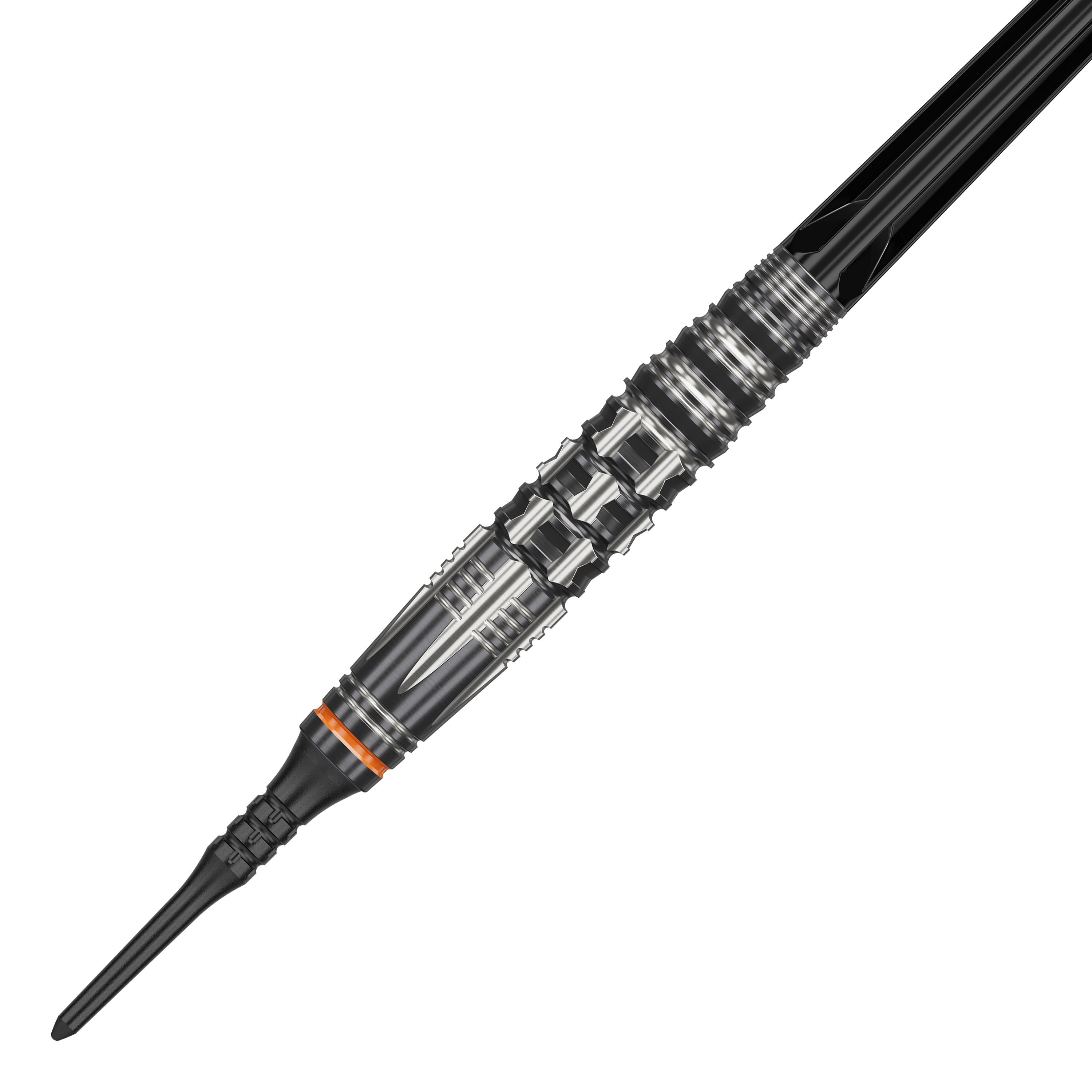 Das Bild zeigt einen Target Japan Black Marque Dancing Duck GEN 4 Softdart mit einem Gewicht von 17g. Der Dartpfeil hat ein auffälliges silber-schwarzes Design mit vielen feinen Details und einem orangefarbenen Ring.