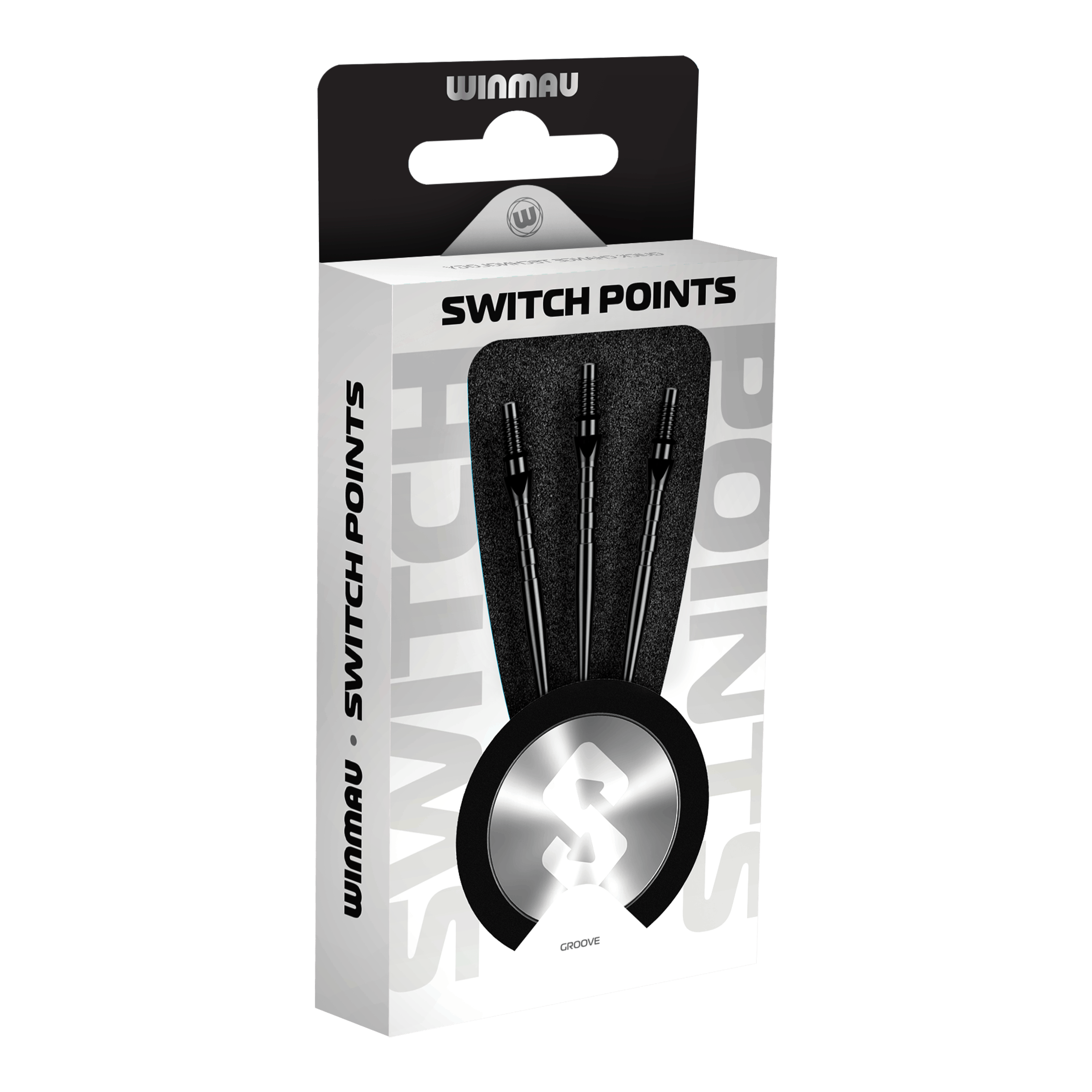 Winmau Switch Point Groove Steeldartspitzen - Schwarz Abgebildet sind Winmau Switch Point Groove Steeldartspitzen in Schwarz. Die Dartspitzen haben Rillen und eine schwarze Farbe.