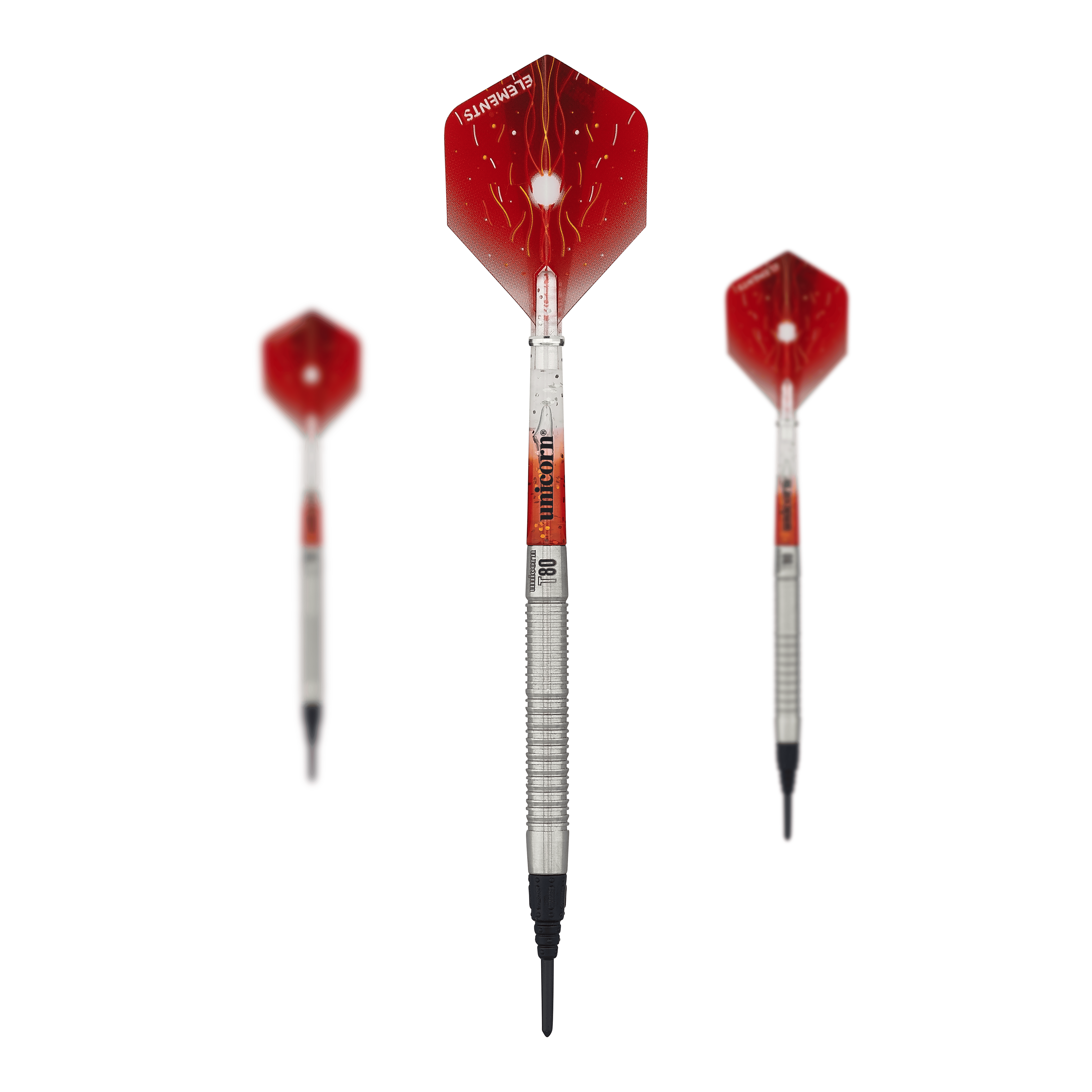 Das Bild zeigt drei Softdarts des Modells "Unicorn Core XL Striker Style 1" mit einem Gewicht von 19g. Die Flights der Darts sind rot mit einem Blitzdesign, und die Schäfte sind silbern.