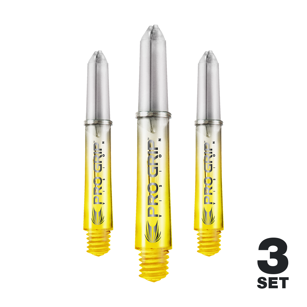 Target Pro Grip Vision Shafts - 3 Sets - Gelb Auf dem Bild sind drei gelbe Pro Grip Vision Shafts für Darts zu sehen. Unten rechts steht, dass es sich um ein 3er-Set handelt.