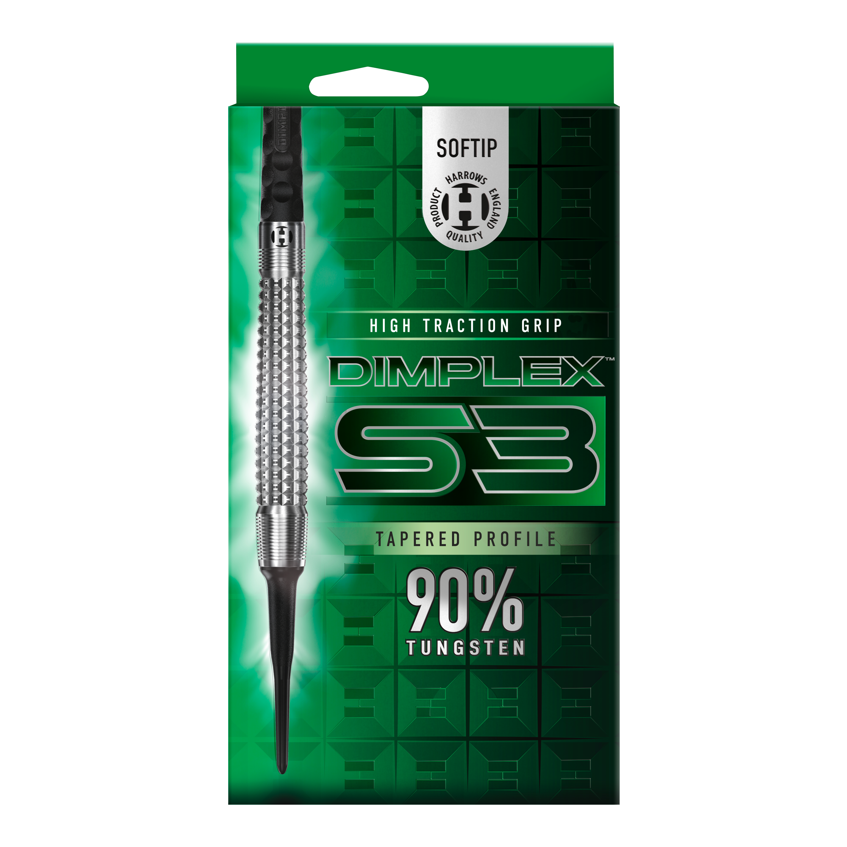 Das Bild zeigt die Verpackung der "Harrows Dimplex S3 Tapered Softdarts". Auf der Packung steht, dass die Darts einen hohen Grip und einen 90%igen Tungsten-Anteil haben.