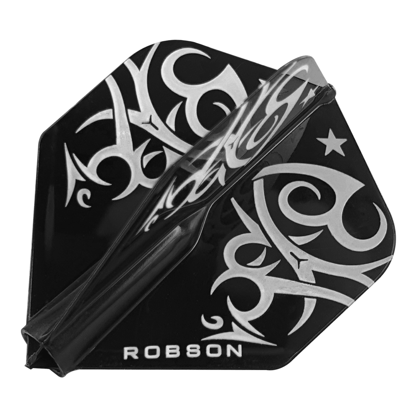 Robson Plus Tribe Standard Flights Das Bild zeigt den Robson Plus Tribe Standard Flight, ein Zubehör für Dartpfeile. Das Design ist schwarz mit auffälligen silbernen Tribal-Mustern und dem Schriftzug "ROBSON".