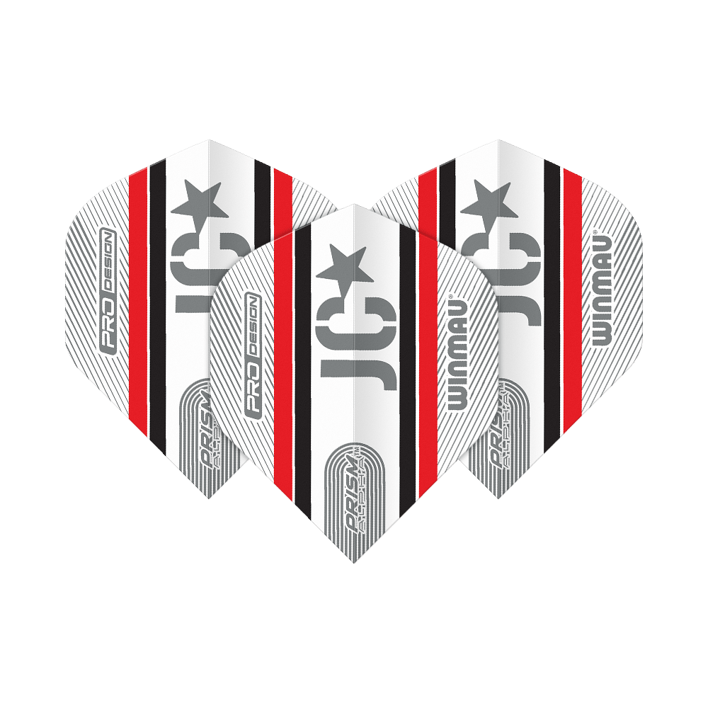 Das Bild zeigt drei Winmau Alpha Joe Cullen 85 Standard Flights für Darts. Sie sind überwiegend weiß mit schwarzen und roten Streifen sowie silbernen Aufdrucken.