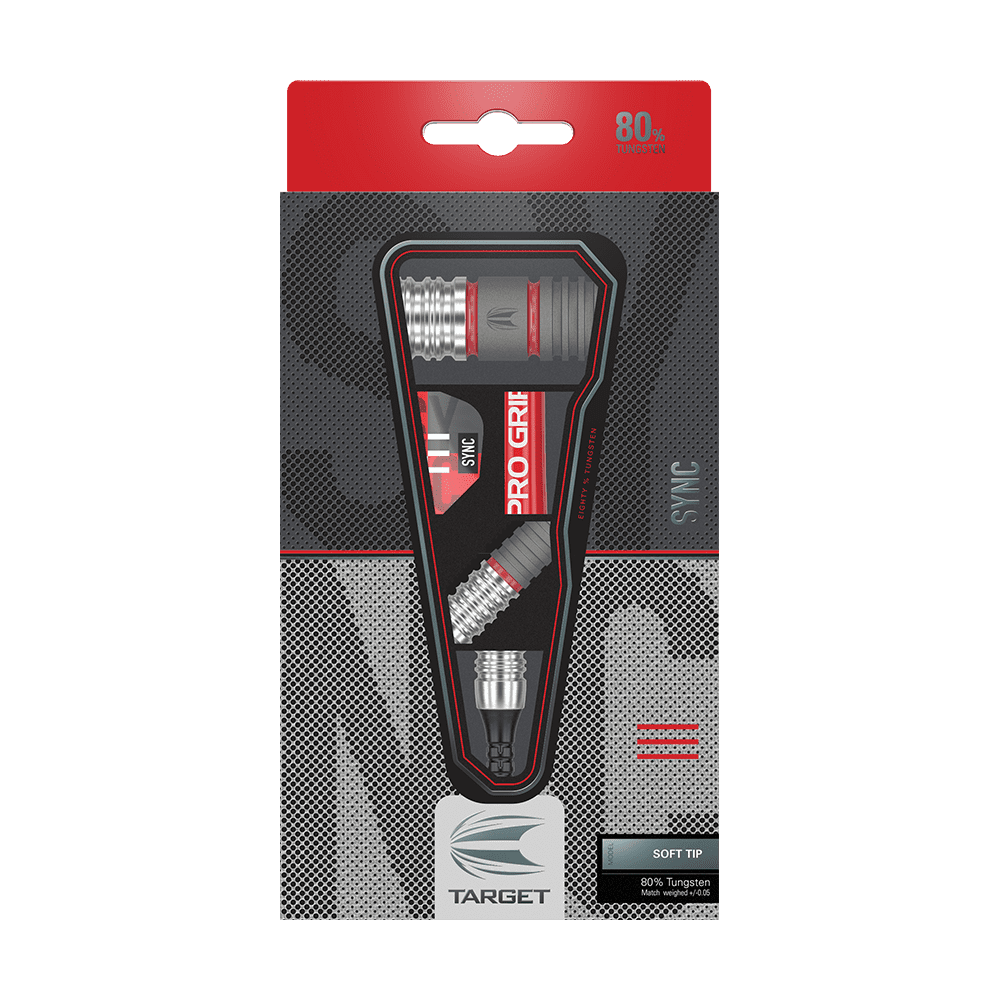 210302_Targer_Sync_11_Softdarts_3 Auf dem Bild ist eine Verpackung mit Softdarts der Marke Target zu sehen. Die Darts bestehen zu 80 % aus Tungsten und haben die Bezeichnung "SYNC".