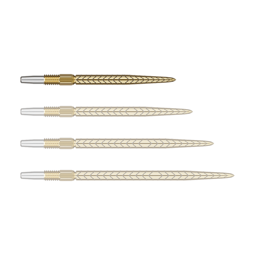 Auf dem Bild sind vier goldfarbene Dartspitzen mit silbernem Gewinde zu sehen. Sie liegen nebeneinander und haben ein feines Muster auf der Oberfläche.