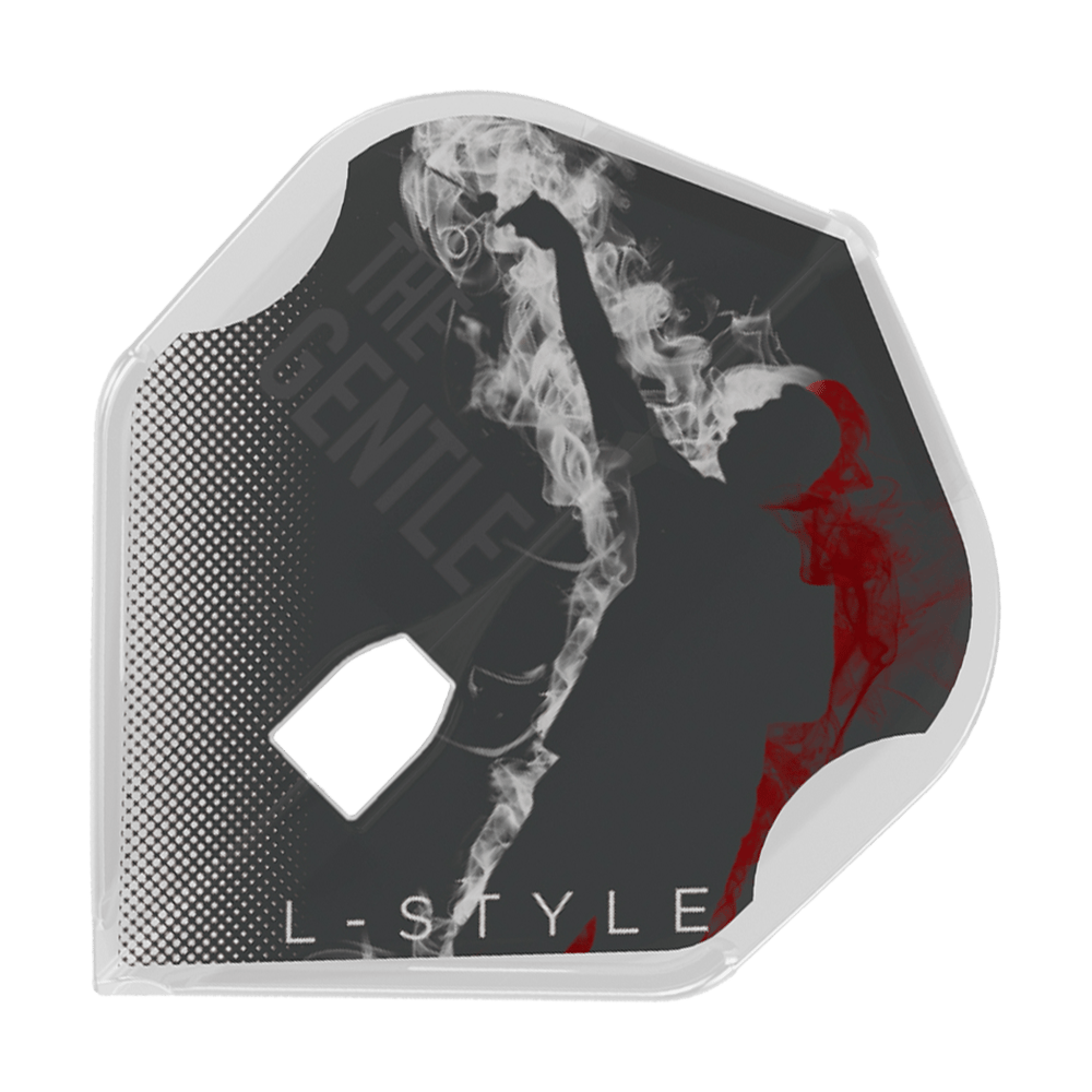 Das Bild zeigt das Produkt "L-Style Mensur Suljovic V1 TypeA L1PRO Flights". Auf dem Flight ist die Silhouette eines spielenden Dartsportlers mit Rauch- und Grafikeffekten abgebildet.