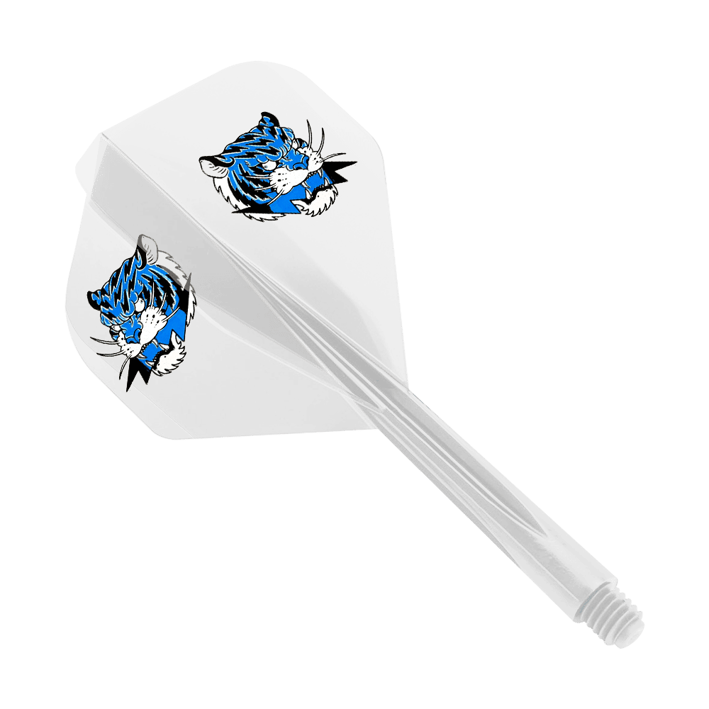 Das Bild zeigt ein Dart-Flight-System in transparentem Gelb mit einem kleinen Format. Auf den Flights ist ein blauer Tigerkopf abgebildet.