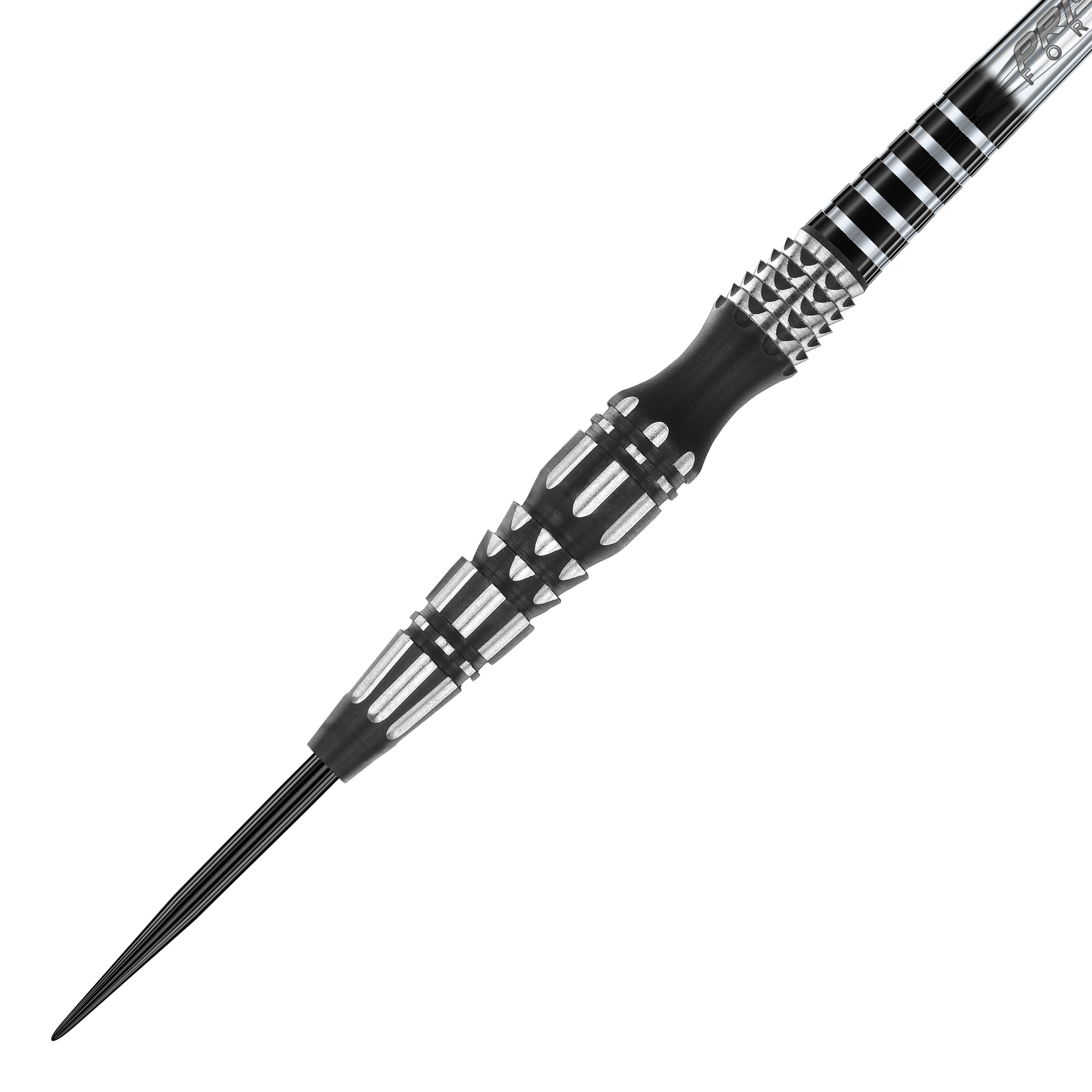 Das Bild zeigt einen Winmau Sniper Special Edition V2 Steeldart. Der Dartpfeil hat ein schwarz-silbernes Design mit markanten Rillen und Mustern am Griff.