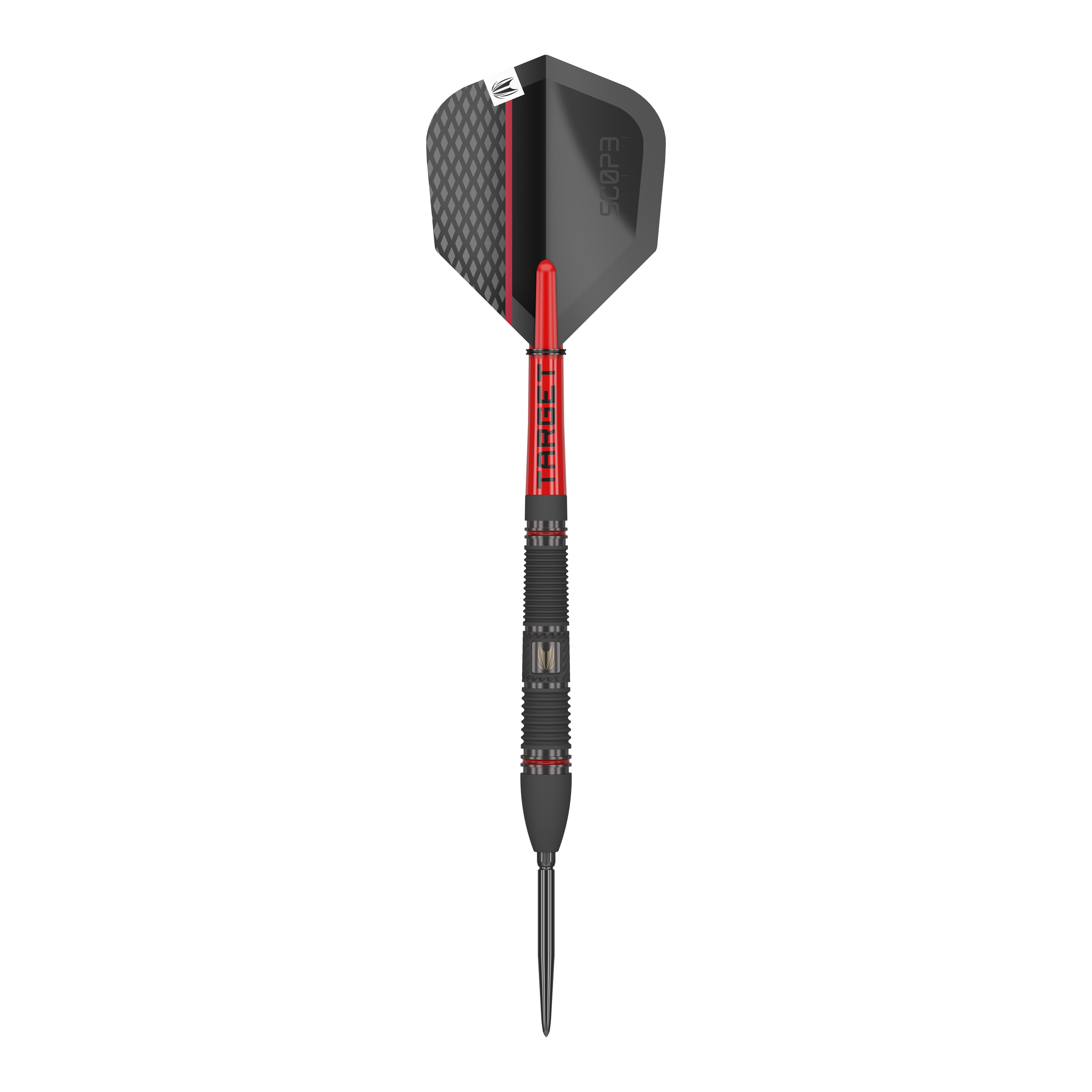 Target Scope 02 Swiss Point Steeldarts Das Bild zeigt einen Target Scope 02 Swiss Point Steeldart. Der Dart ist schwarz und rot gestaltet und hat eine strukturierte Spitze sowie ein modernes Flight-Design.