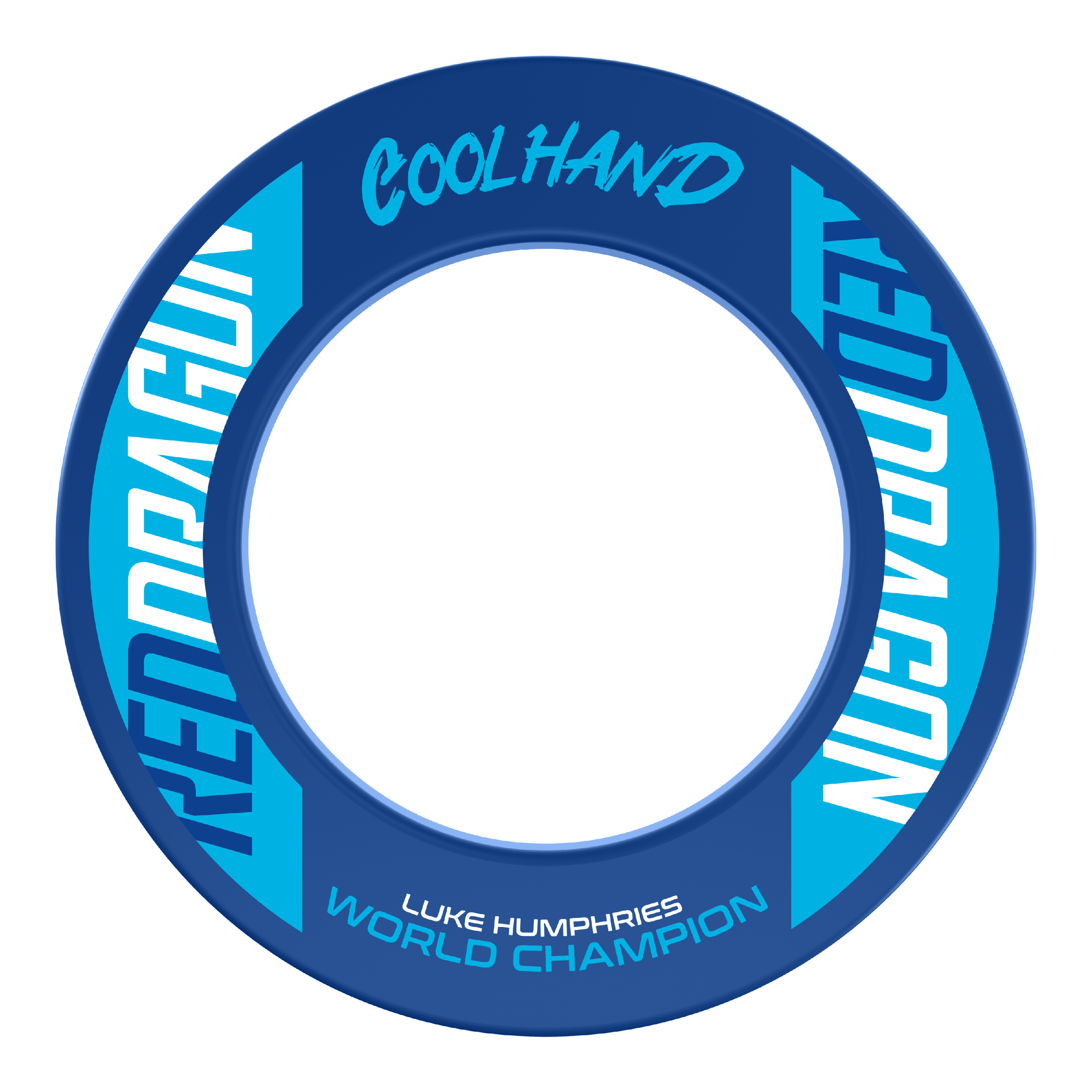 Das Bild zeigt den "Red Dragon Luke Humphries World Champion Dartboard Surround" in Blau mit weißen und hellblauen Schriftzügen. Auf dem Produkt stehen die Wörter "Coolhand", "Red Dragon" und "Luke Humphries World Champion".