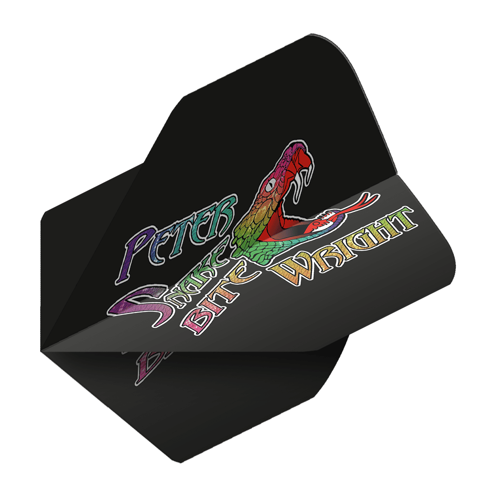 Das Bild zeigt ein schwarzes Dart-Flight mit dem bunten Schlangenkopf-Logo und der Aufschrift "Peter Snakebite Wright". Das Produkt ist als "Red Dragon Peter Wright Snakebite Black Standard Flights" bekannt.