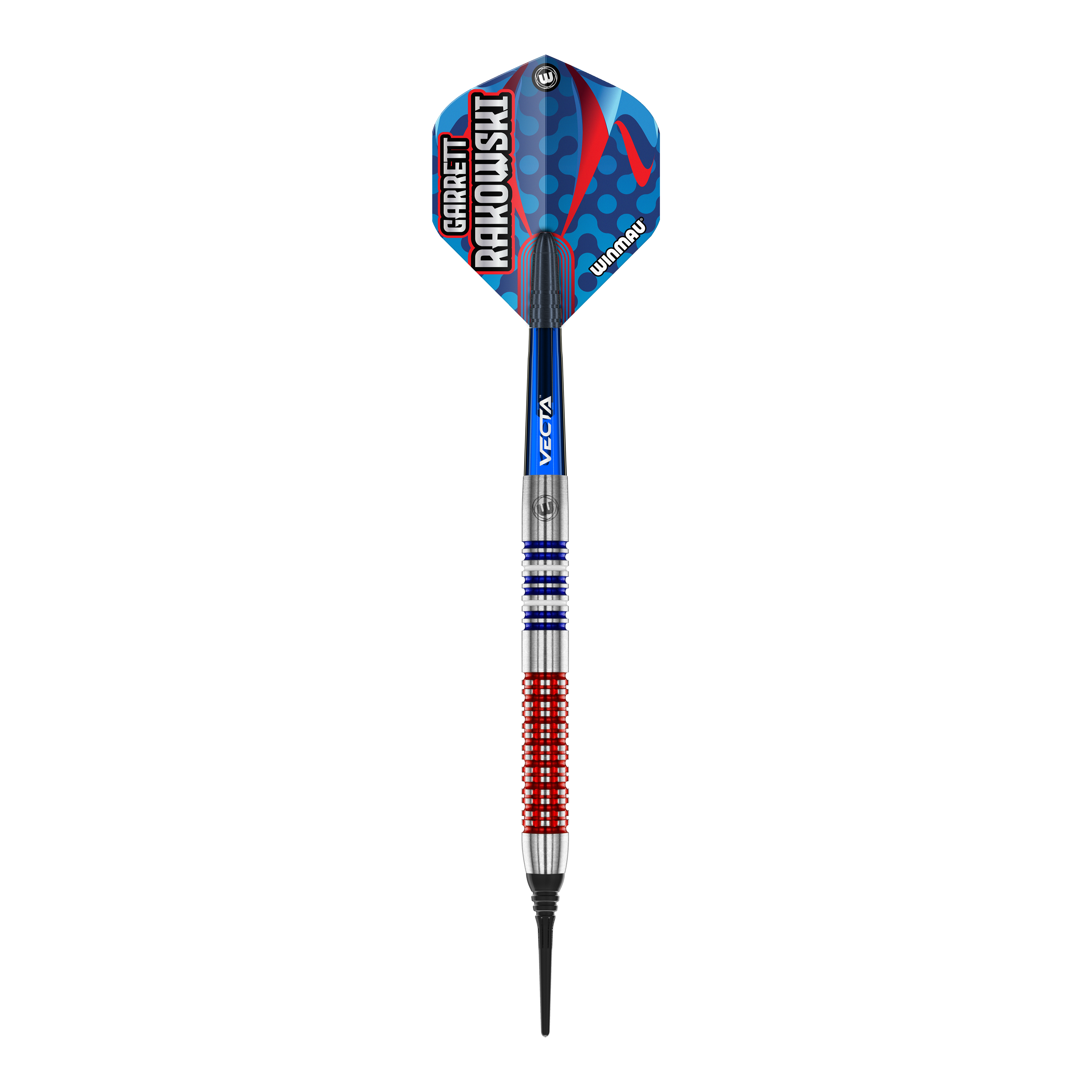 Das Bild zeigt einen Winmau Garrett Rakowski Softdart mit einem Gewicht von 20g. Der Dart hat ein farbenfrohes, modernes Design mit blauen, roten und silbernen Elementen.