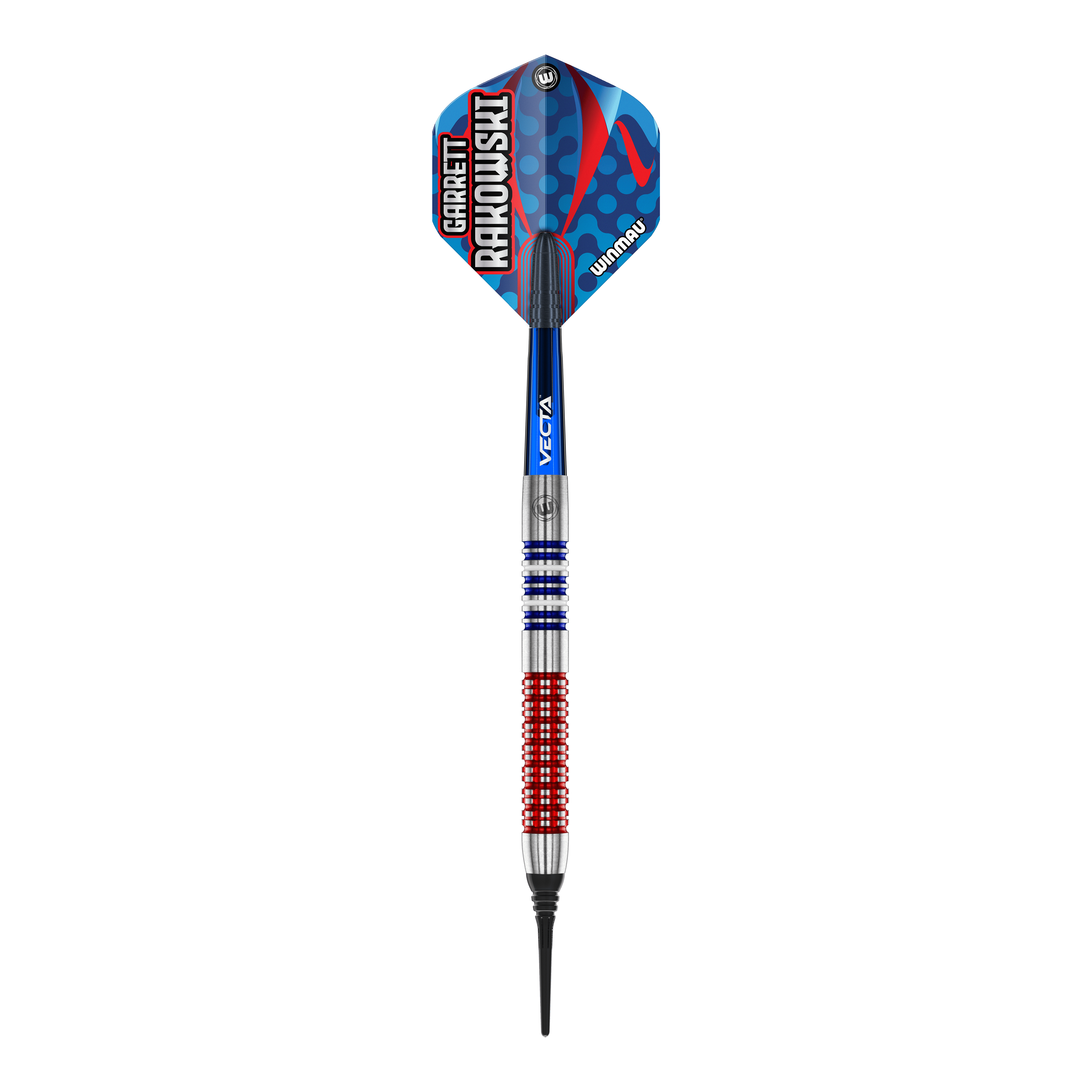 Winmau Garrett Rakowski Softdarts - 20g Das Bild zeigt einen Winmau Garrett Rakowski Softdart mit einem Gewicht von 20g. Der Dart hat ein farbenfrohes, modernes Design mit blauen, roten und silbernen Elementen.