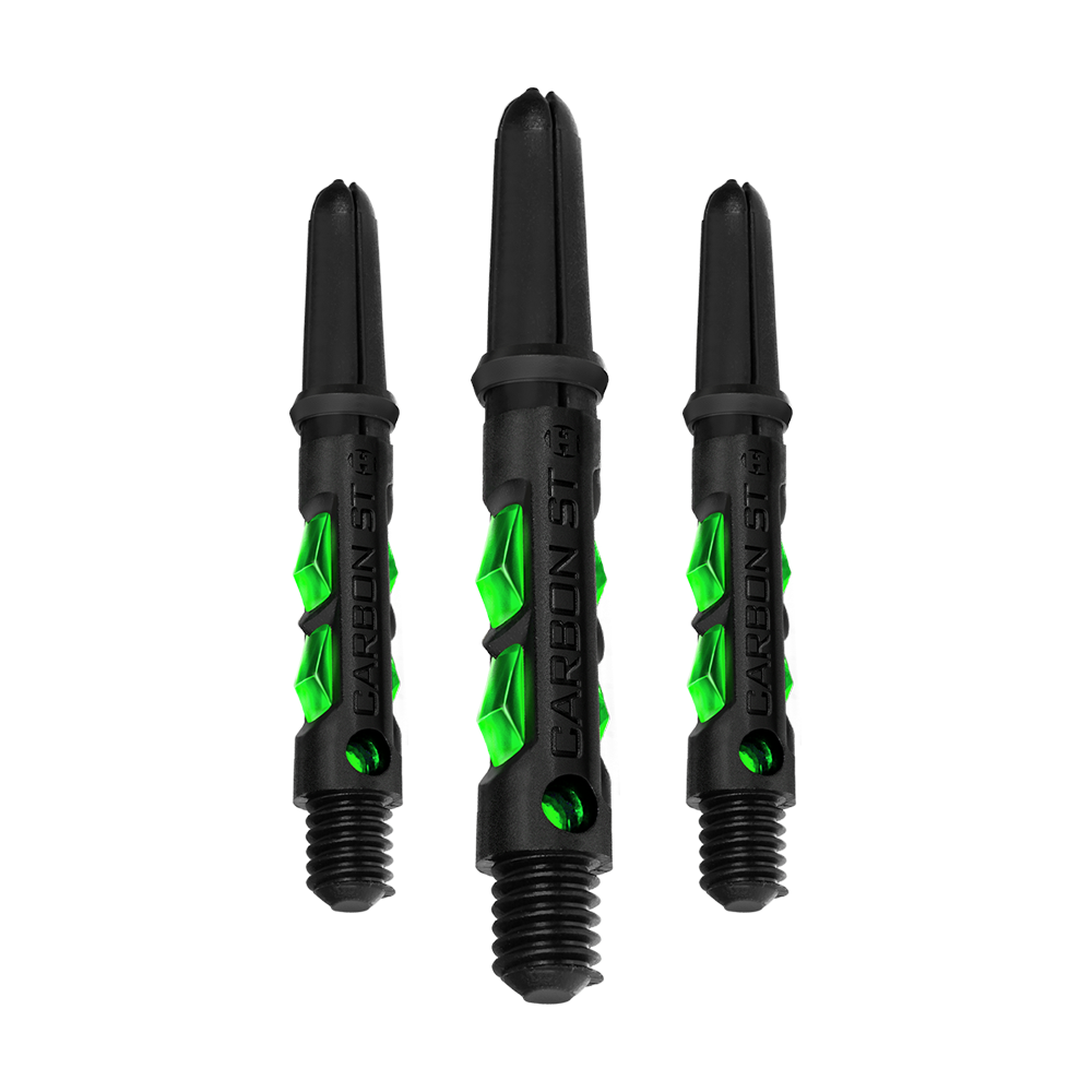 HR422_Harrows_Carbon_ST_Shafts_Gr-n_33mm_1 Das Bild zeigt drei schwarze Dartshafts mit grünen Akzenten. Auf den Shafts steht der Schriftzug "CARBON ST".