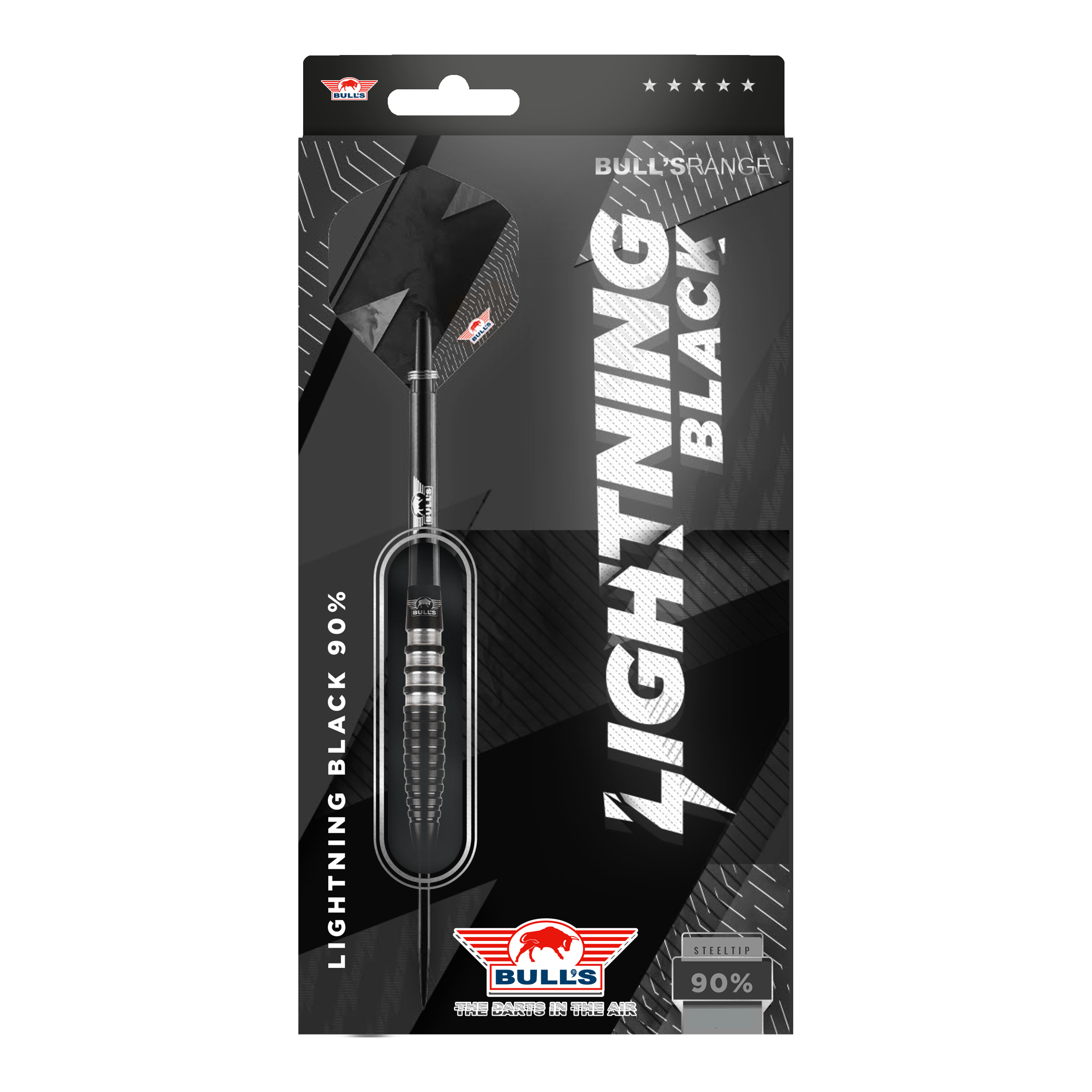 Das Bild zeigt die Verpackung der "Bulls NL Lightning Black Steeldarts". Die Darts haben ein schwarzes Design und bestehen zu 90% aus Tungsten.
