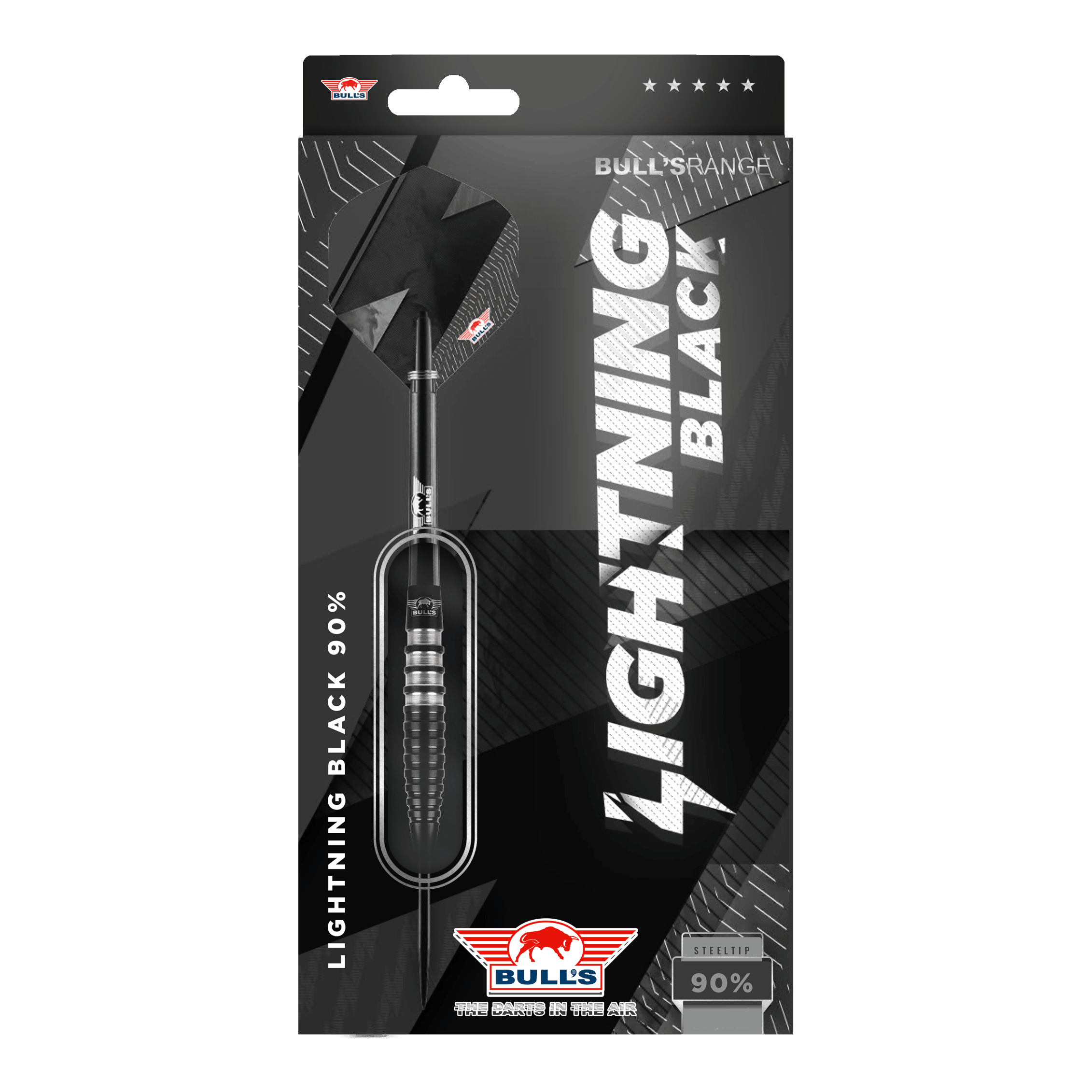 Bulls NL Lightning Black Steeldarts Das Bild zeigt die Verpackung der "Bulls NL Lightning Black Steeldarts". Die Darts haben ein schwarzes Design und bestehen zu 90% aus Tungsten.