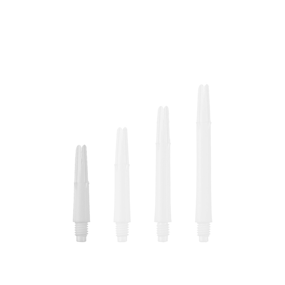 L-Style L-Shafts Locked Straight - White 130 Auf dem Bild sind vier weiße, gerade Dartschäfte in unterschiedlichen Längen zu sehen. Sie stehen nebeneinander aufrecht vor einem einfarbigen Hintergrund.