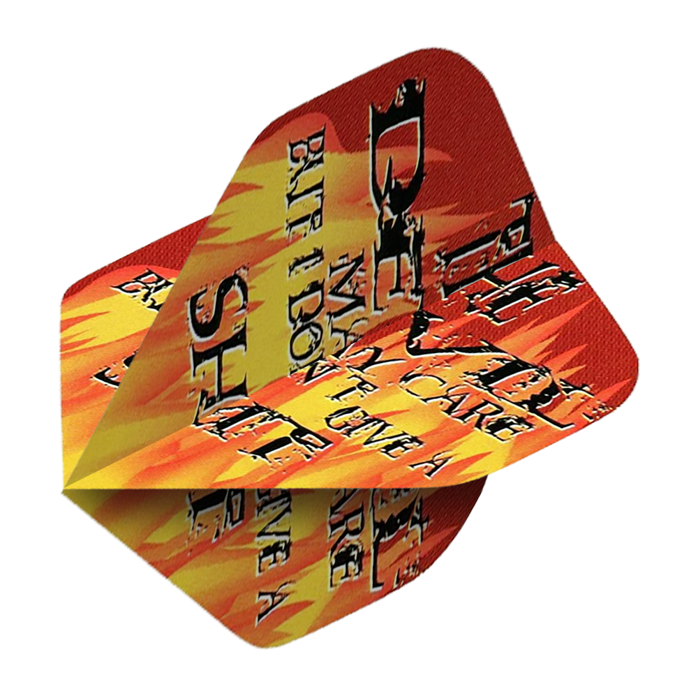 Pentathlon Flights The Devil May Care Das Bild zeigt ein Dart-Flight namens "Pentathlon The Devil May Care No2 Standard Flights". Das Design ist in Rot und Gelb gehalten und zeigt auffällige Schriftzüge sowie Flammenmotive.