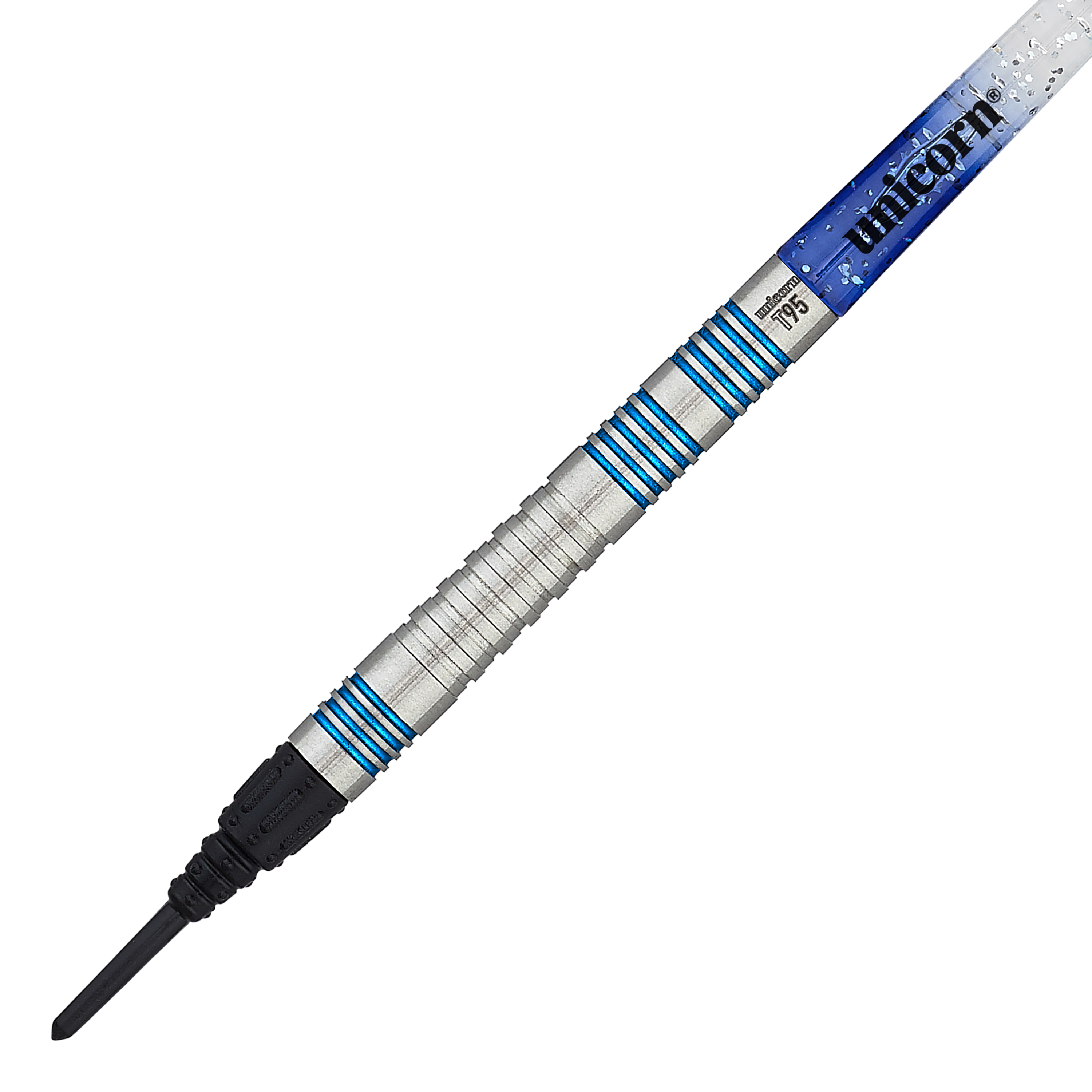 Dies ist ein Unicorn T95 Core XL Blue Softdart. Der Dart hat silberne Rillen mit blauen Akzenten und einen blauen Schaft.