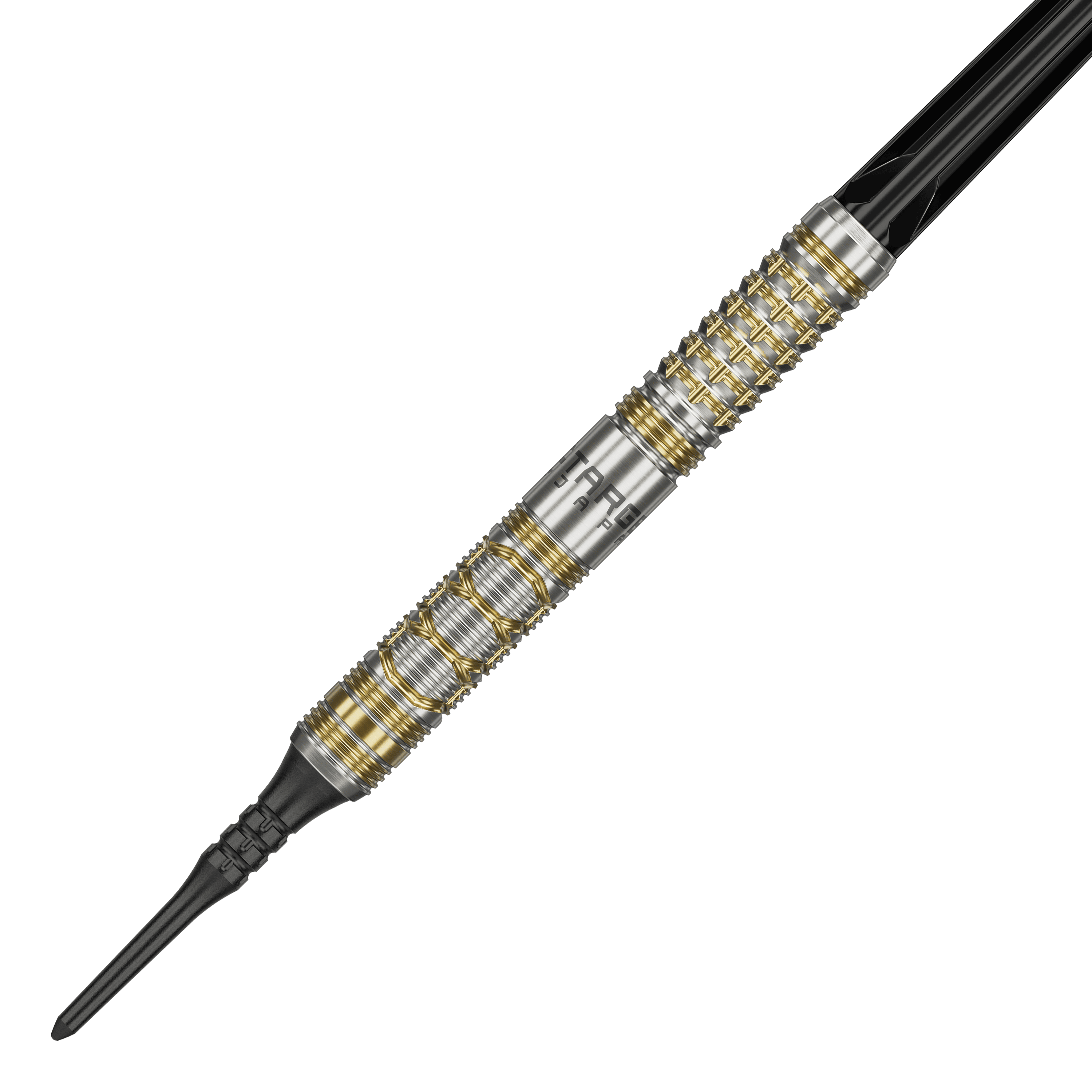 Das Bild zeigt den Softdart "Target Japan Black Marque Reyn GEN2" mit einem Gewicht von 17,5 g. Der Dartpfeil hat ein silbernes Design mit goldenen Akzenten und einer schwarzen Spitze.