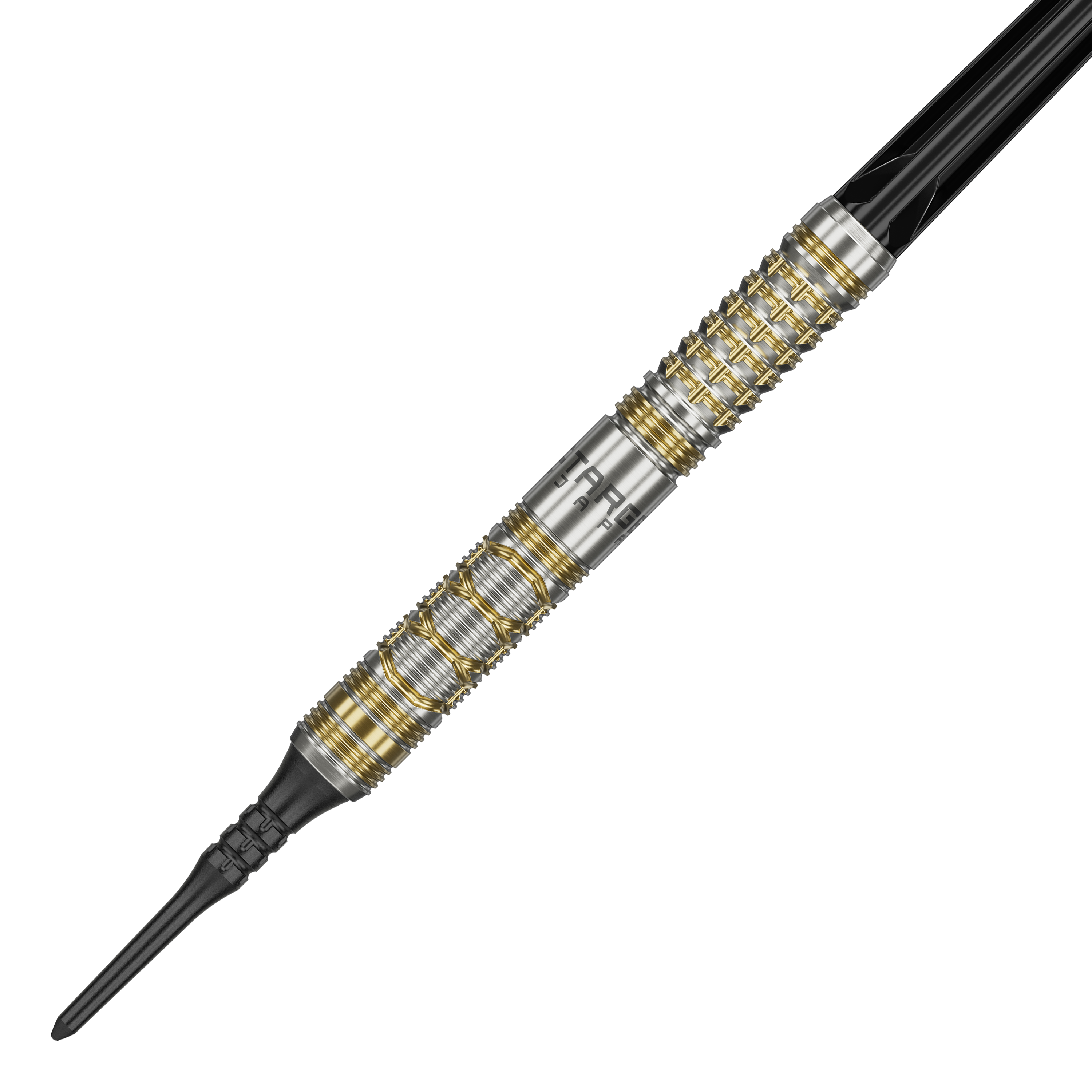 Target Japan Black Marque Reyn GEN2 Softdarts - 17,5g Das Bild zeigt den Softdart "Target Japan Black Marque Reyn GEN2" mit einem Gewicht von 17,5 g. Der Dartpfeil hat ein silbernes Design mit goldenen Akzenten und einer schwarzen Spitze.