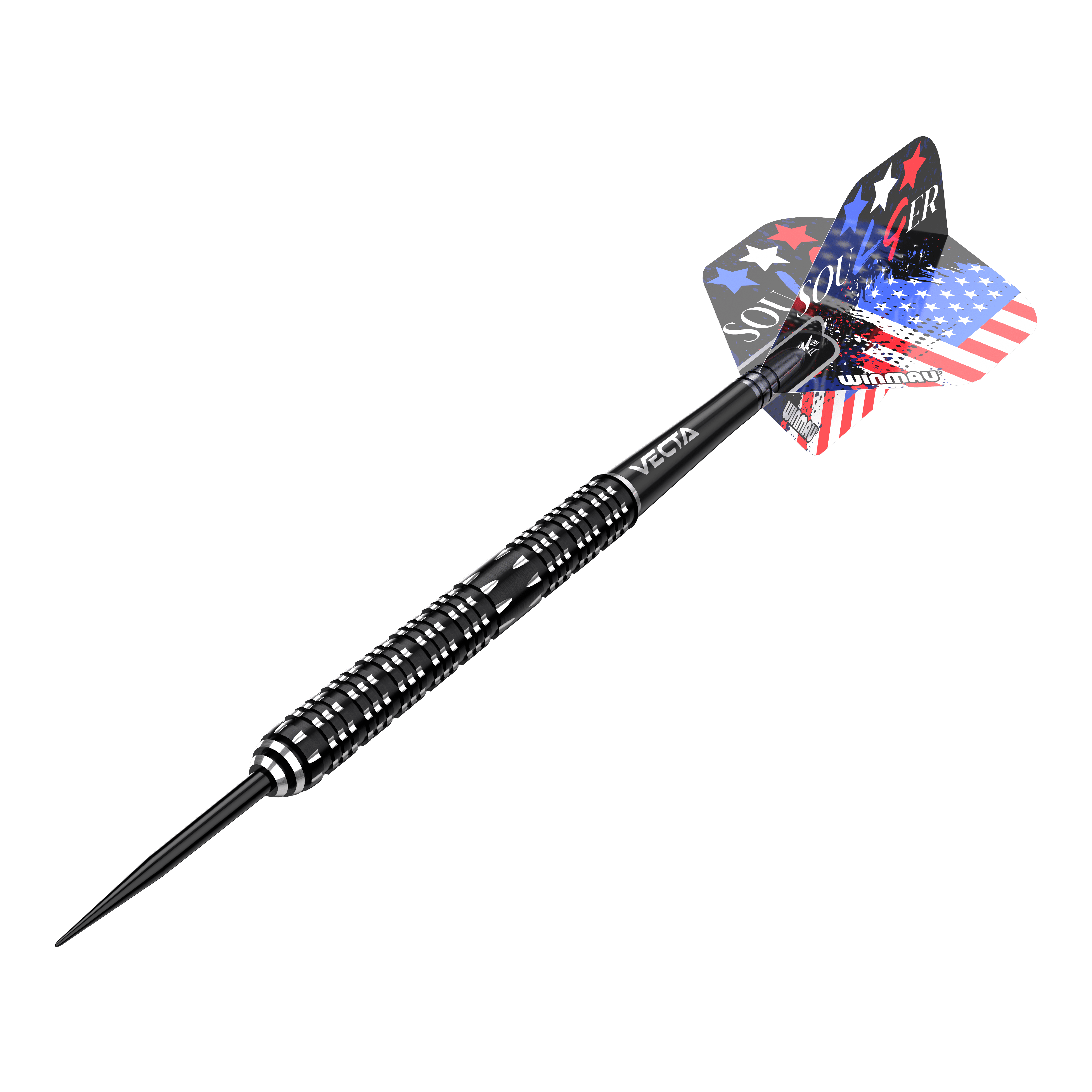 Auf dem Bild ist ein Winmau Leonard Gates Steeldart zu sehen. Der Dart hat ein schwarzes Griffstück und eine Flights mit amerikanischer Flagge und Sternenmuster.