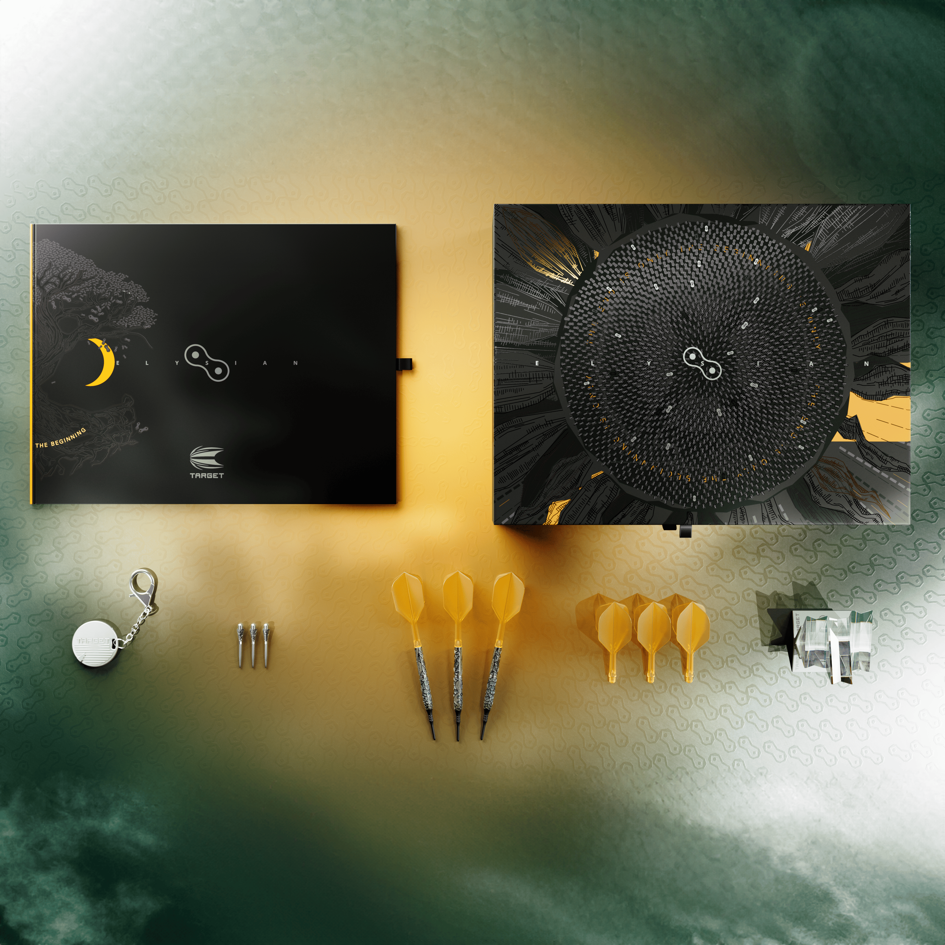 Das Bild zeigt das Produkt "Target Elysian 10 Limited Edition Softdarts - 20g" mit luxuriösem Zubehör, darunter Dartpfeile, Flights und Ersatzspitzen. Die edle Verpackung und das stilvolle Design heben das exklusive Set hervor.