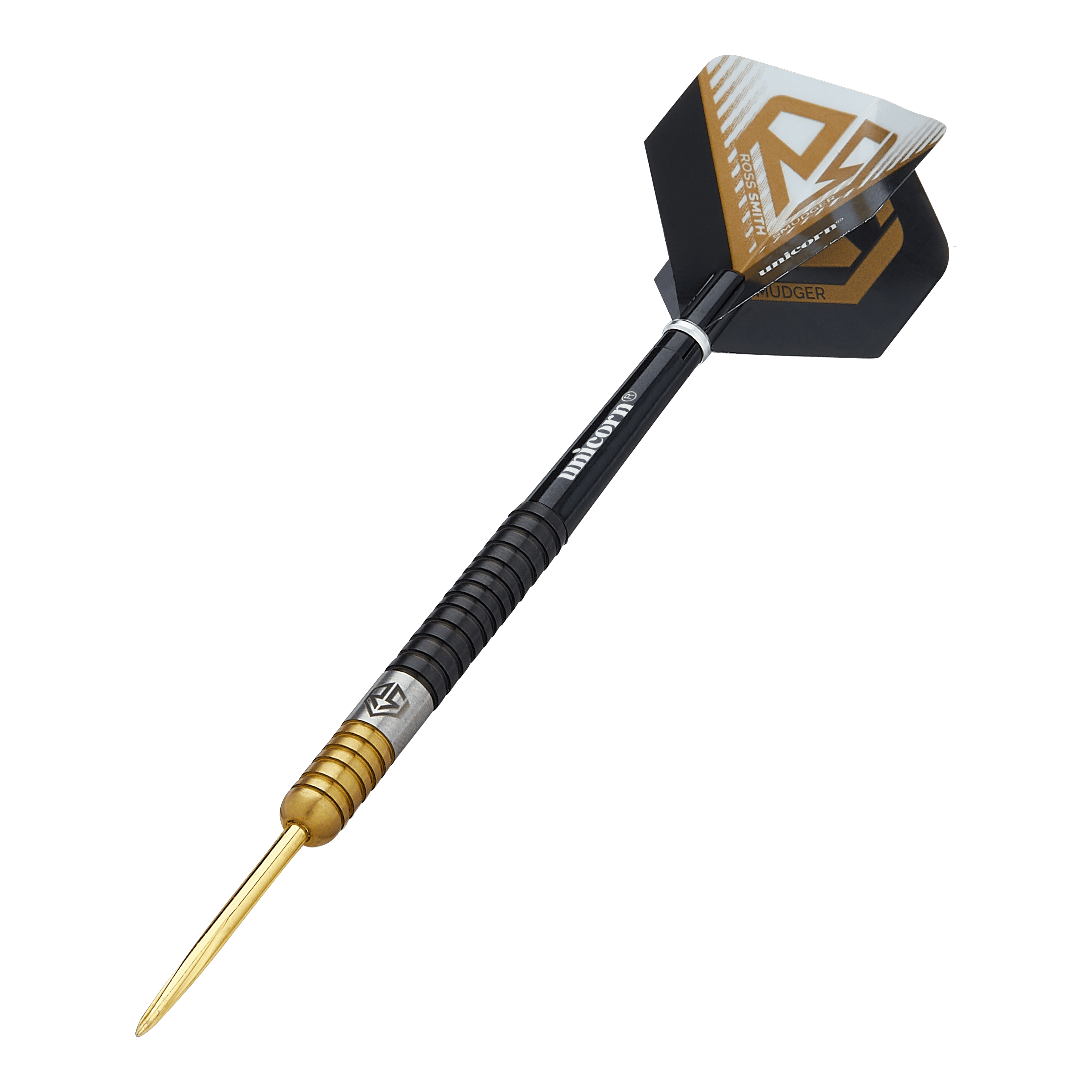 Dies ist ein Steeldart namens "Unicorn Ross Smith Two-Tone Steeldarts". Er hat eine goldene Spitze, einen zweifarbigen Griff und schwarze Flights mit gold-weißen Akzenten.