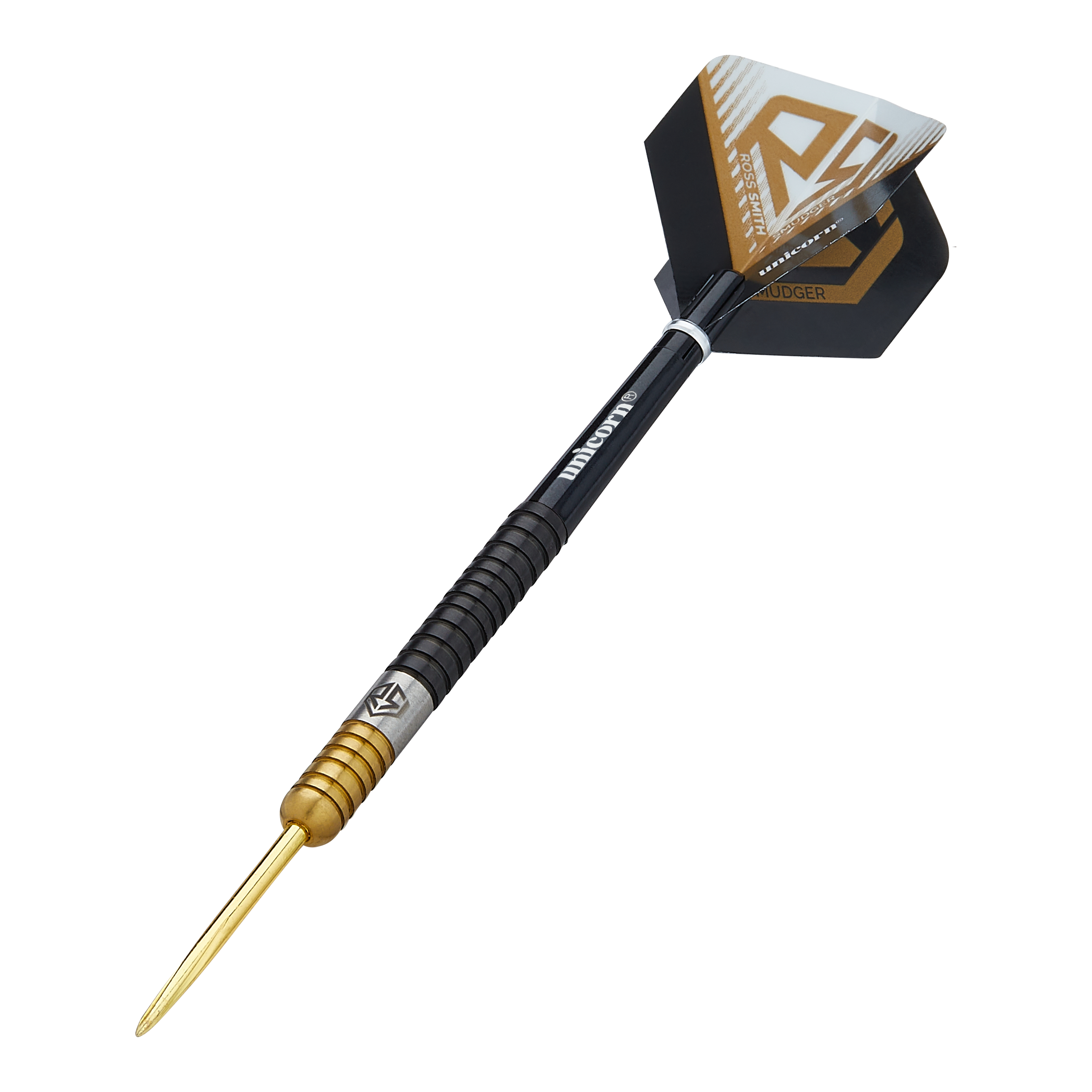 Unicorn Ross Smith Two-Tone Steeldarts Dies ist ein Steeldart namens "Unicorn Ross Smith Two-Tone Steeldarts". Er hat eine goldene Spitze, einen zweifarbigen Griff und schwarze Flights mit gold-weißen Akzenten.
