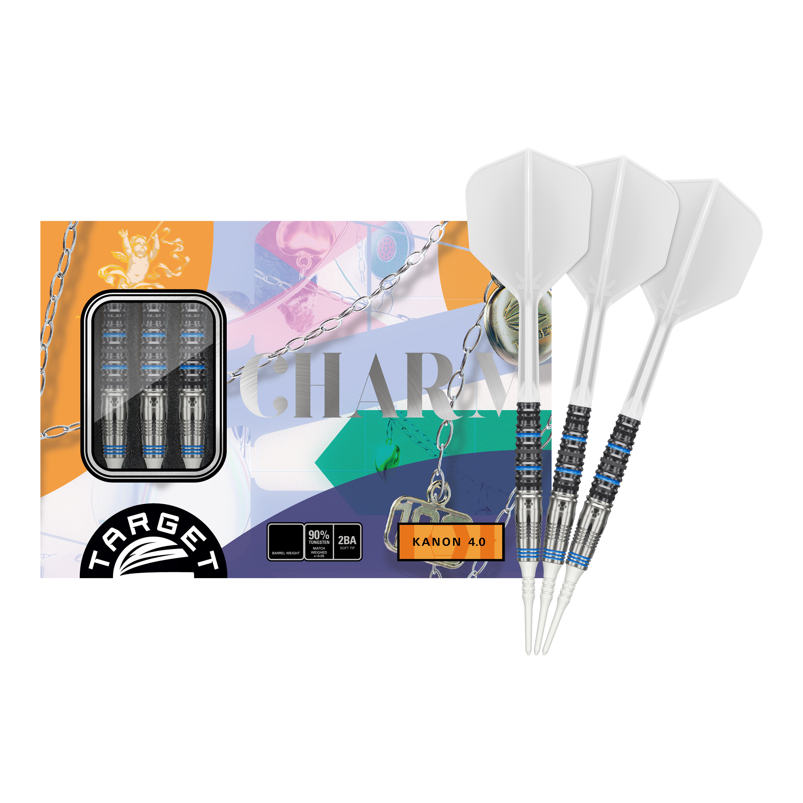 Das Bild zeigt das Produkt "Target Japan Airi Hirano Charm Kanon GEN4 Softdarts - 17,5g" mit einer farbenfrohen Verpackung. Drei Softdarts mit weißen Flights sind neben der Verpackung abgebildet.