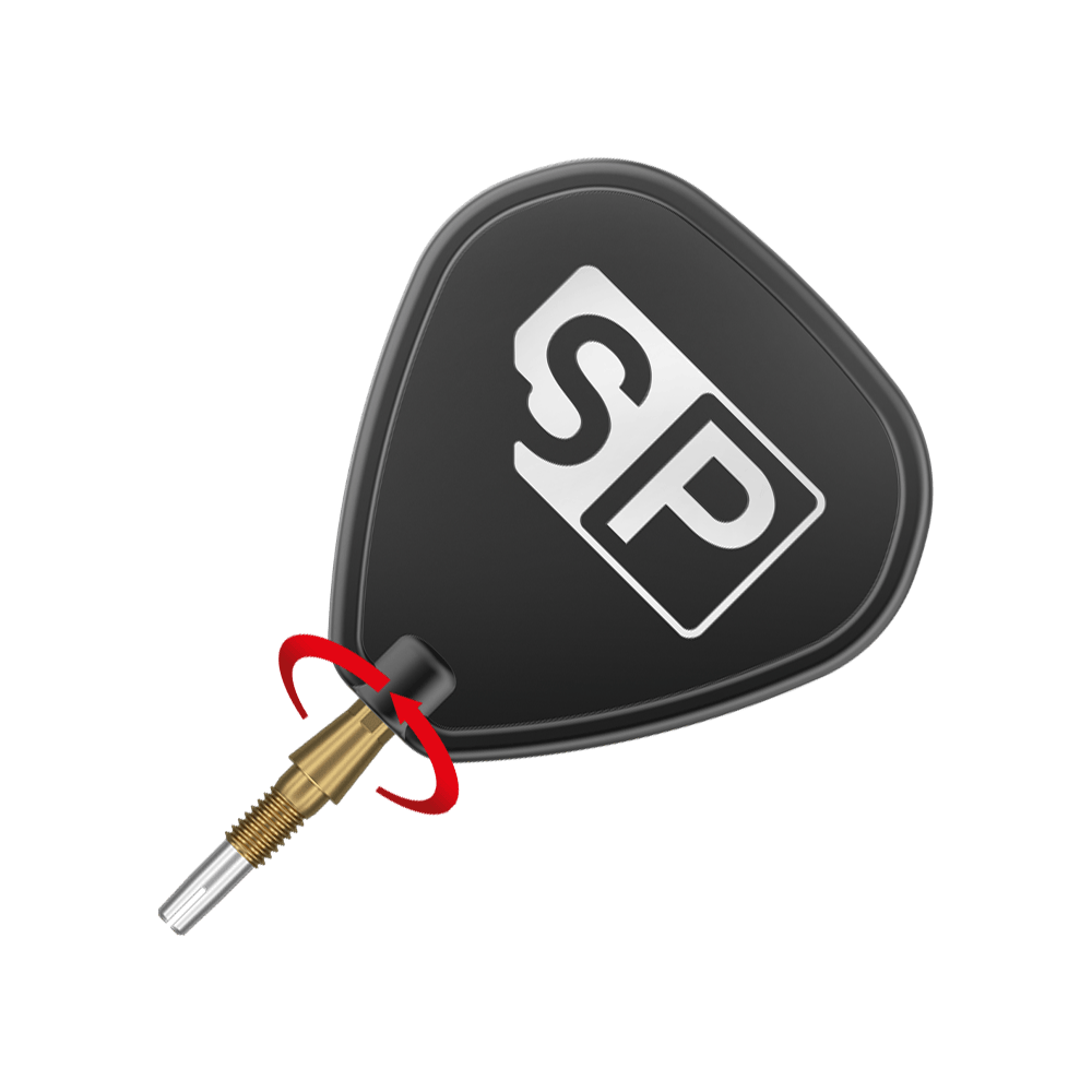 Target Swiss Storm Onyx Point Dartspitzen - Gold Das Bild zeigt eine goldene Dartspitze des Produkts "Target Swiss Storm Onyx Point Dartspitzen". Ein schwarzes Dartflügel mit der Aufschrift "SP" ist ebenfalls zu sehen.