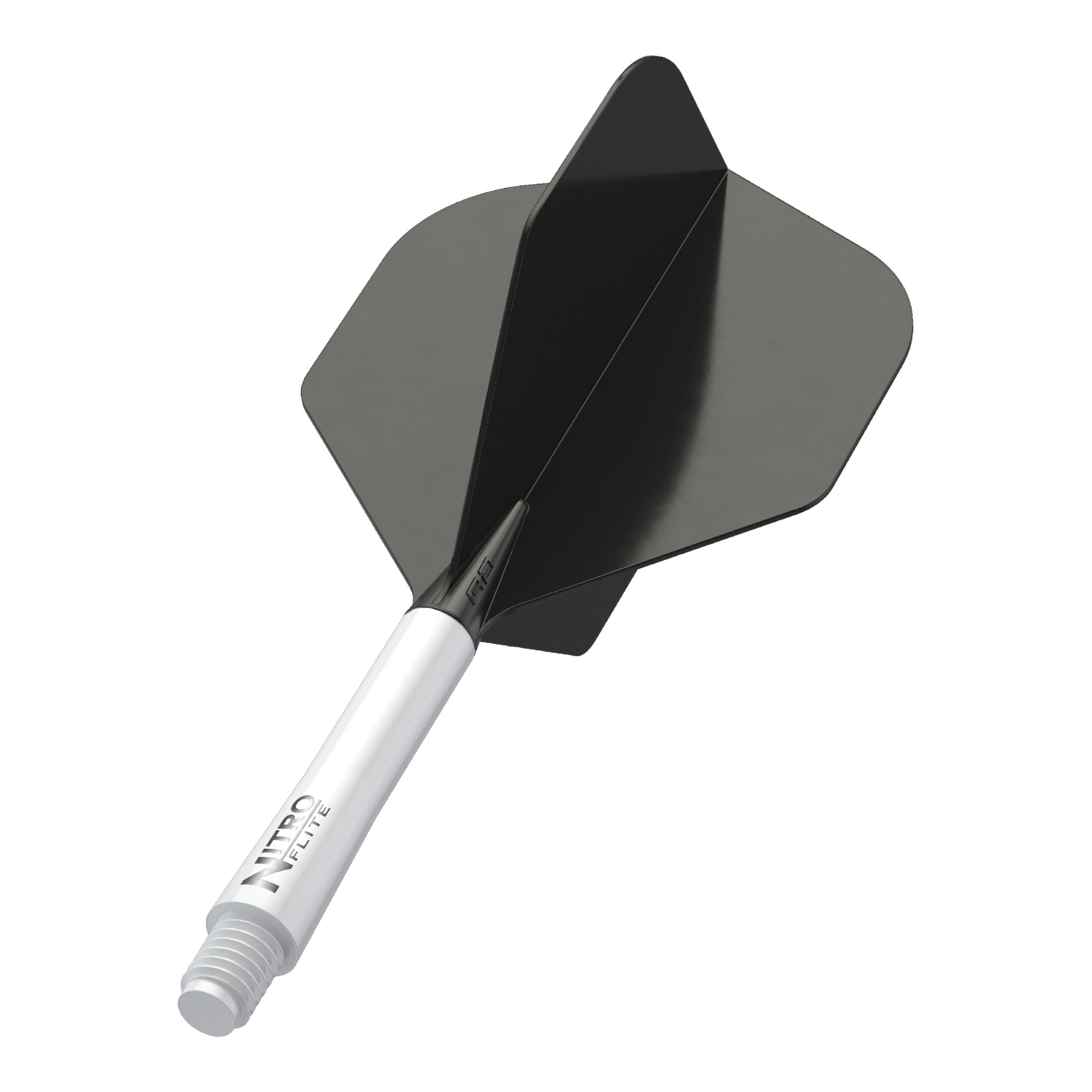 Red Dragon Nitroflite - White Shaft Black No2 Flights Das Bild zeigt ein schwarzes Dartflight mit einem weißen Schaft. Auf dem Schaft steht der Text "NITRO FLITE".