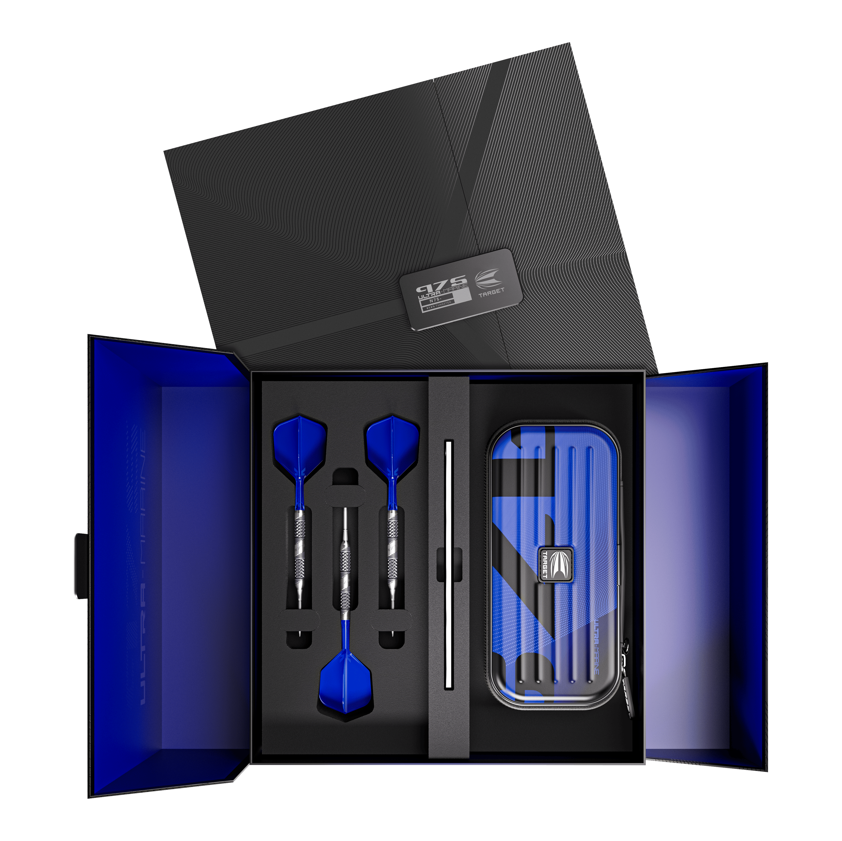 In der Box befindet sich ein Set aus drei Steeldarts mit blauen Flights. Rechts daneben liegt ein passendes Etui zur sicheren Aufbewahrung der Darts.