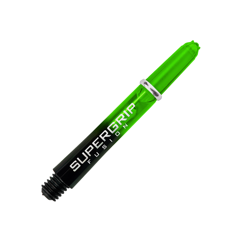 Das Bild zeigt einen grünen Harrows Supergrip Fusion Shaft. Auf dem Schaft steht der Schriftzug "Supergrip Fusion" in weißer Farbe.