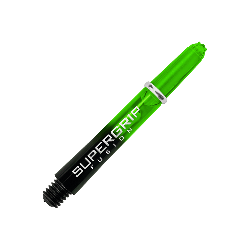 HR339_Harrows_Supergrip_Fusion_Shafts_Gr-n_33mm_29F1JCwnnLnDvV Das Bild zeigt einen grünen Harrows Supergrip Fusion Shaft. Auf dem Schaft steht der Schriftzug "Supergrip Fusion" in weißer Farbe.