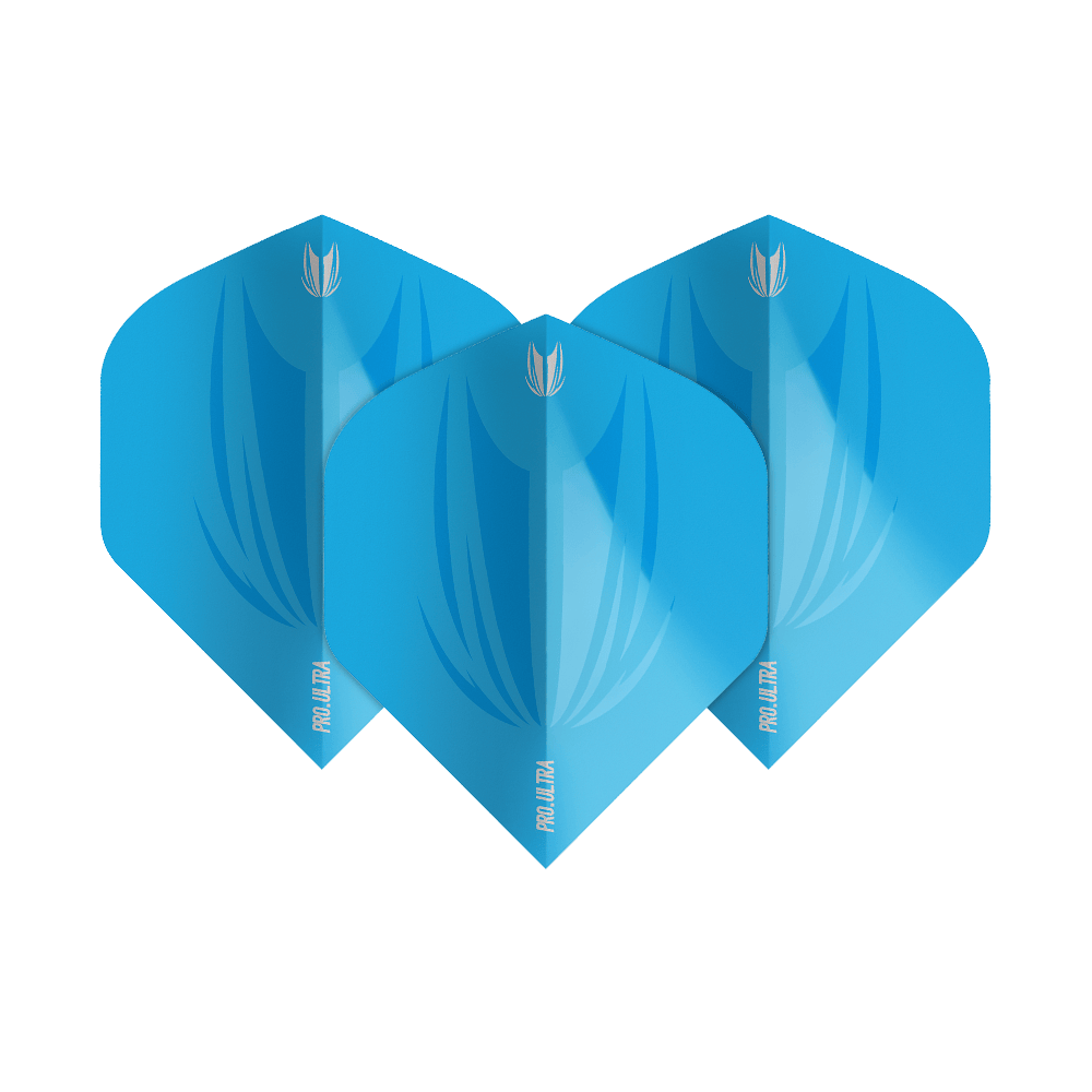 TG440_Target_ProUltra_ID_Lime_Blue_No2_Standard_Flights_1nL0WAQMOl7nRt Das Bild zeigt drei blaue Target ProUltra ID No2 Standard Flights. Sie haben ein modernes Design mit einem hellen und dunkleren Blauton sowie weißem Logo und Schriftzug.