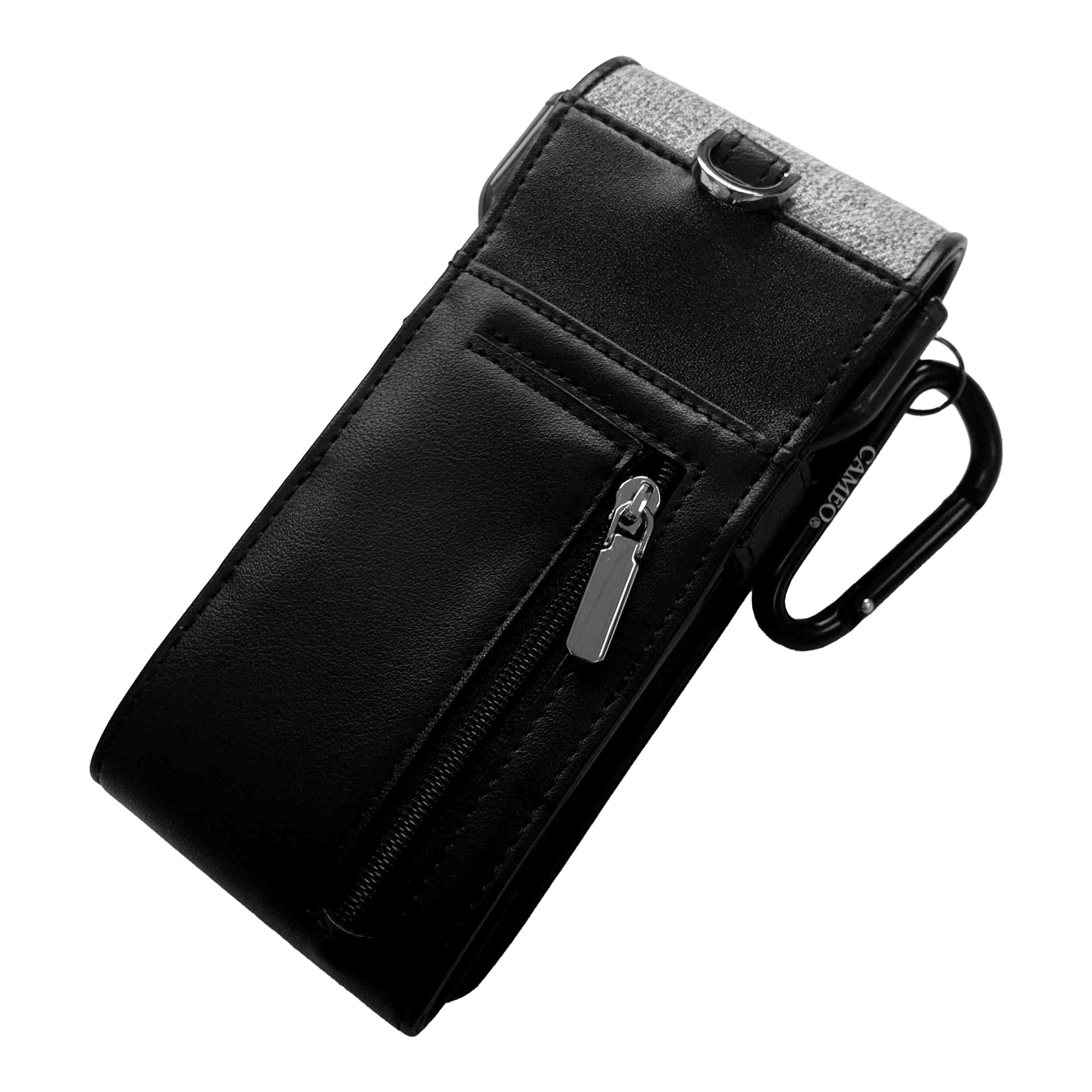 Das Bild zeigt ein elegantes schwarzes Etui mit einem Reißverschlussfach. Es hat einen silbernen Clip und eignet sich ideal zum Aufbewahren von Dartzubehör.