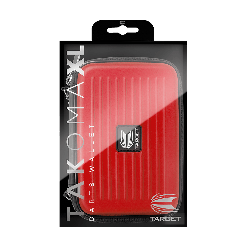 125855_Target_Takoma_XL_Dartwallet_Rot_3 Das Bild zeigt das Produkt "Target Takoma XL Dartwallet" in seiner Verpackung. Die Darttasche ist rot und hat ein kompaktes, geripptes Design mit einem Logo in der Mitte.