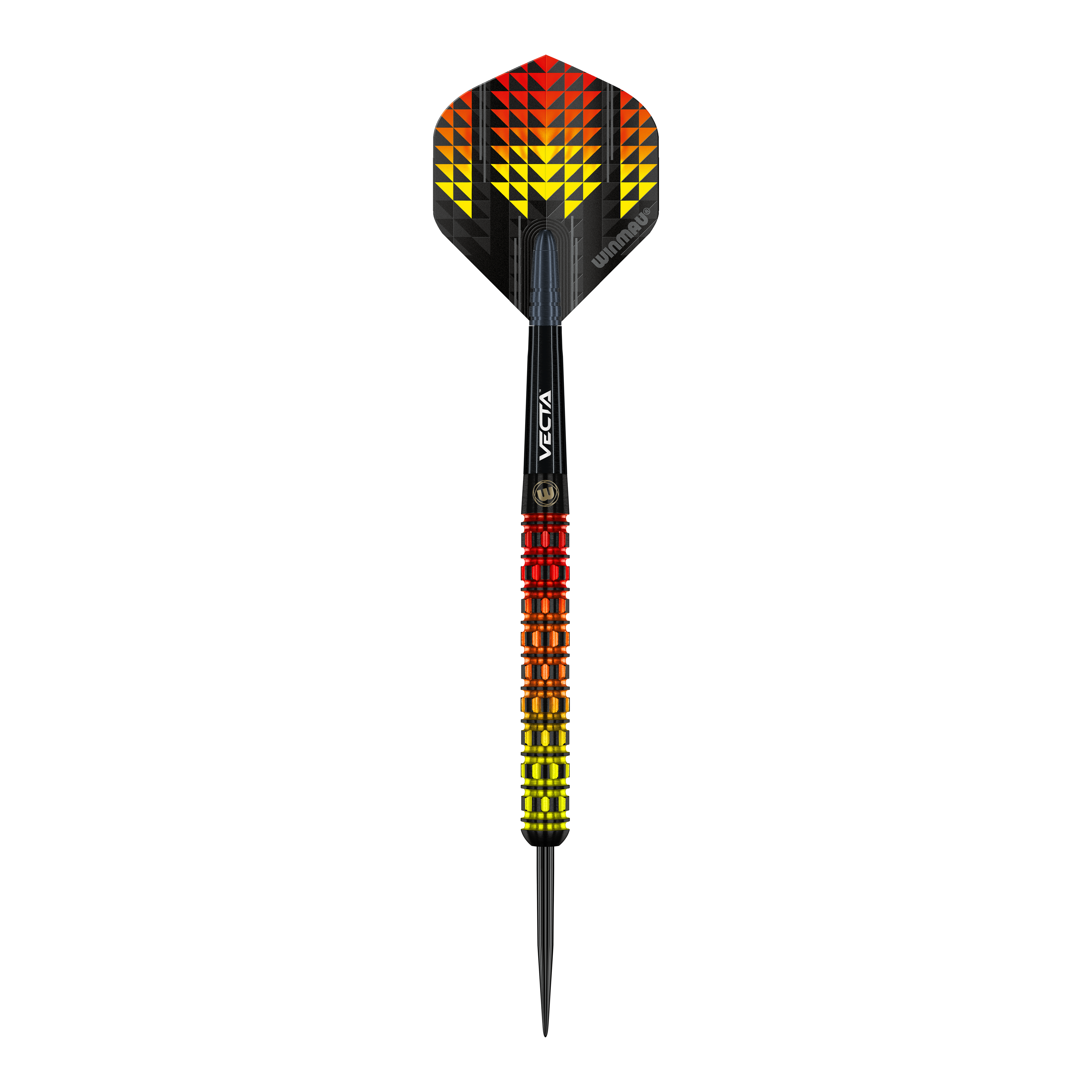Der Winmau Firestorm Flame Parallel Steeldart hat ein auffälliges Design in Flammenfarben mit gelben, orangefarbenen und roten Akzenten. Der Schaft und Flight sind schwarz mit geometrischen Mustern, die an Feuer erinnern.